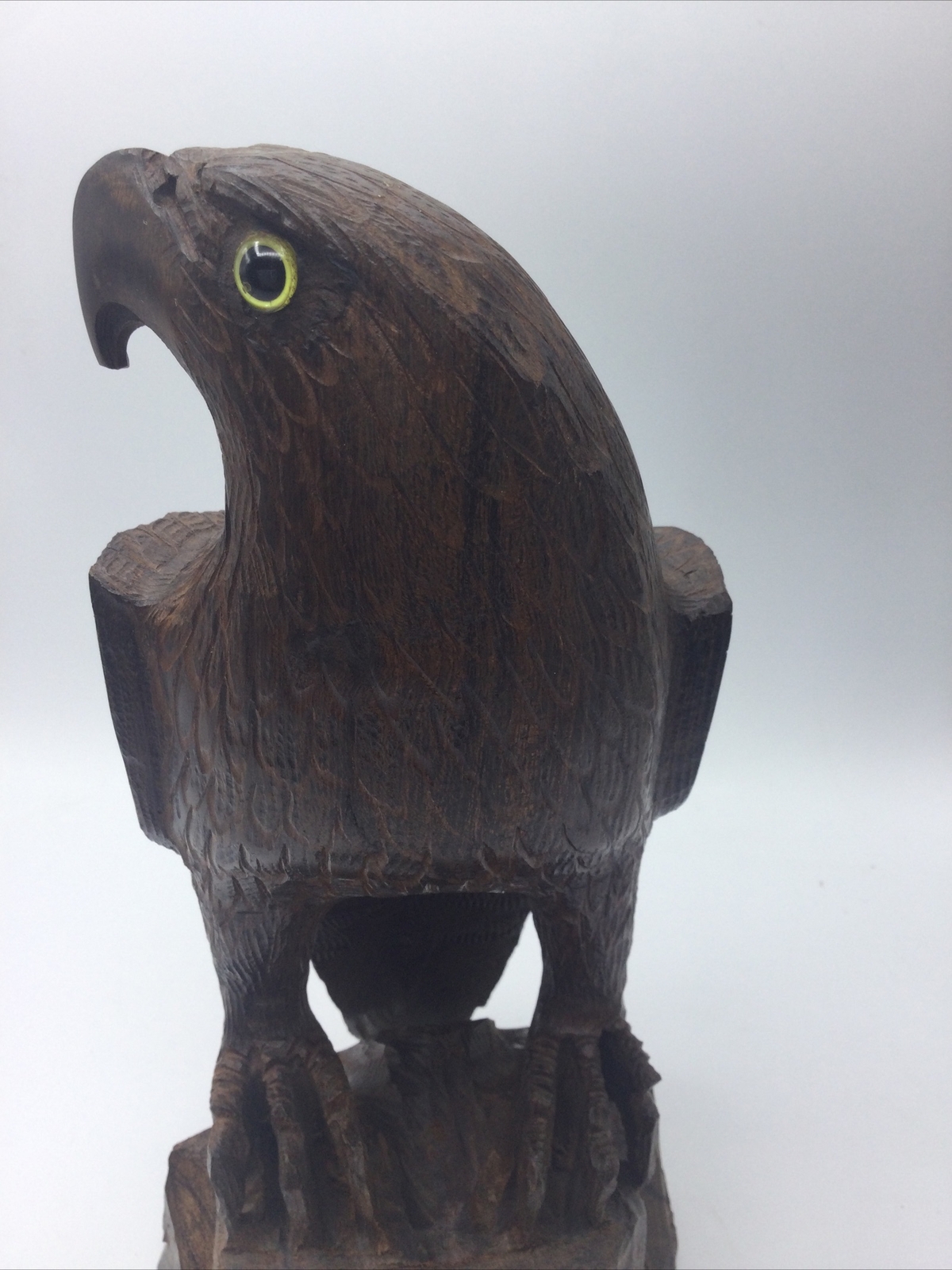 Hard Wood Hand Carved Eagle Perched on Wood Stand, 11 Inches Tall