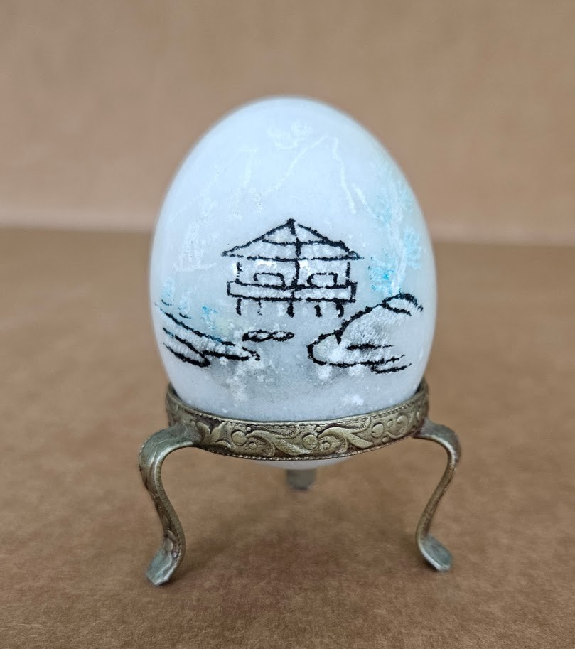 Vintage Alabaster Marble Egg Hand Carved Etched Painted with Stand
