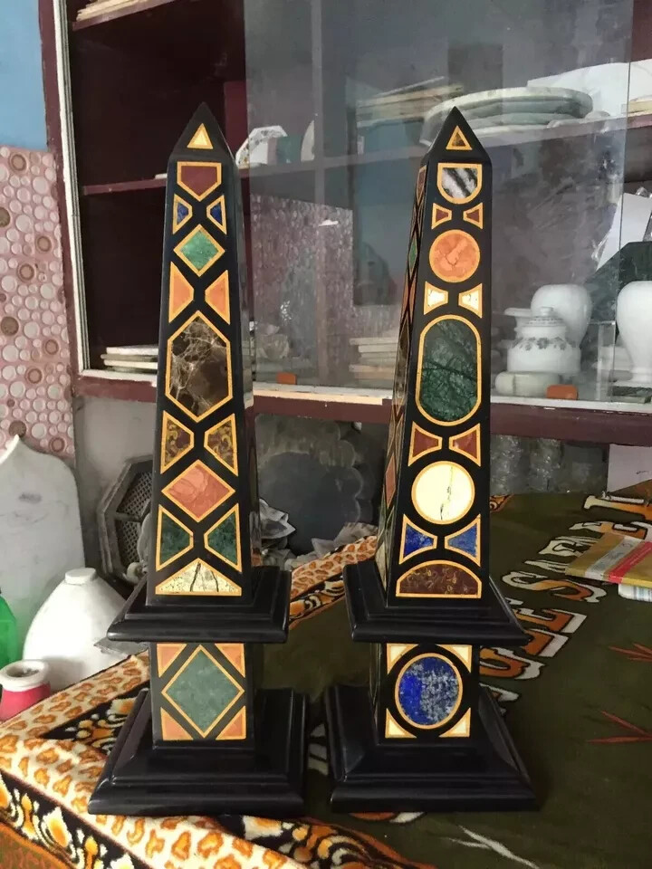 12″ Black Marble Obelisk Set 2 ps Handmade Pietradura Inlay Stone Garden Decor