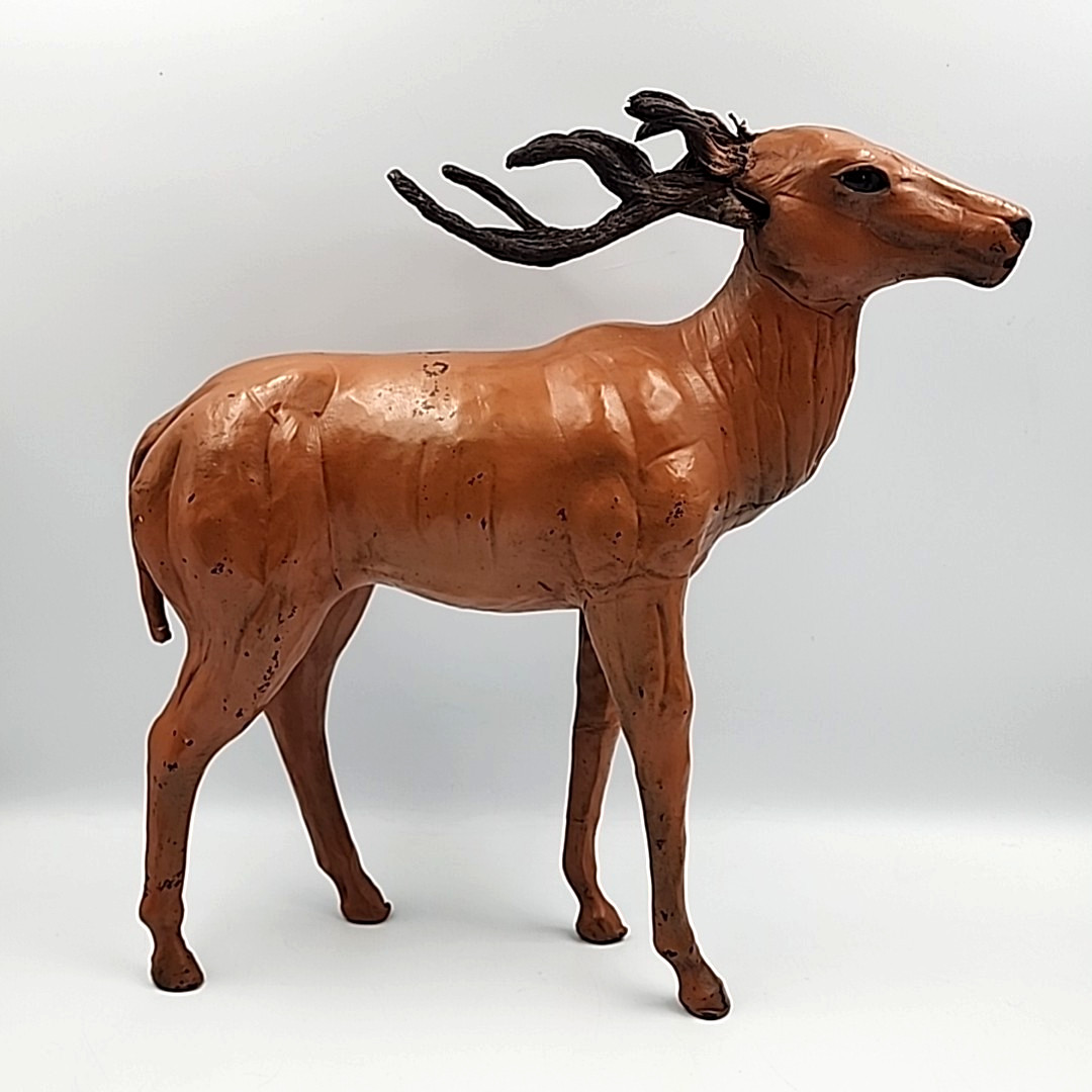 Leather Wrapped Deer Stag Reindeer Figurine Glass Eyes Antlers Vintage