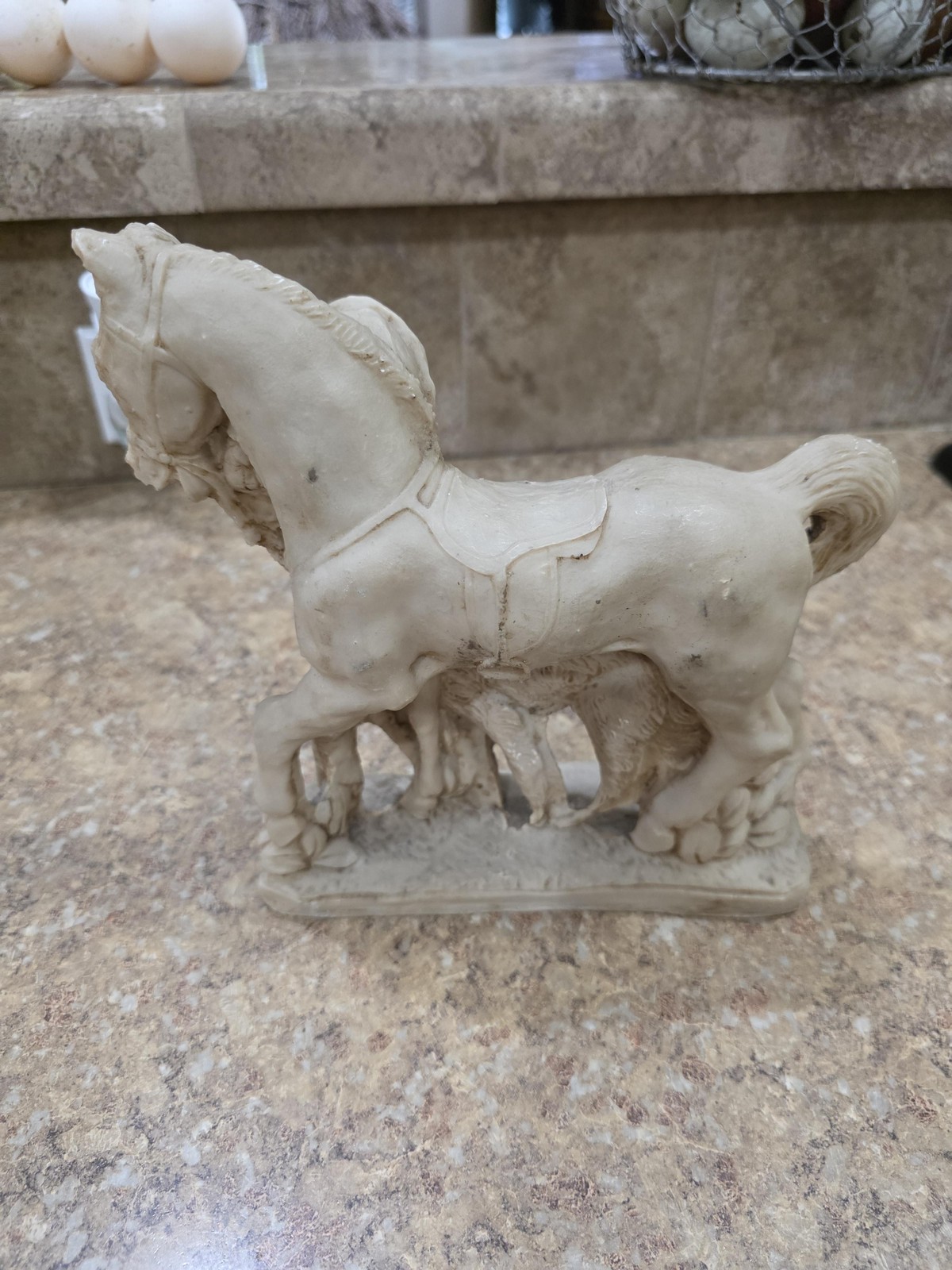 Unmarked Beige Stone Horse Dog Boy Medium Size Figurine Hecho En Mexico Western