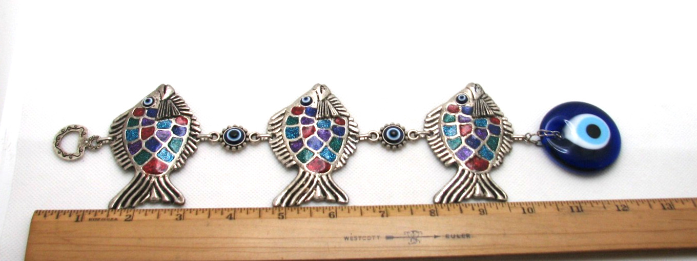 Unique Vintage Fish & Evil Eye Amulet Wall Hanging Glass Silver Tone Enamel 12″