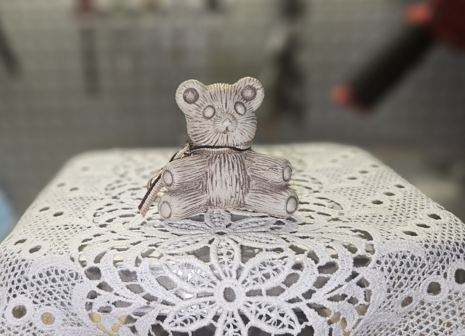 Vintage Handcrafted Marble Bear Figurine – Marble Works by R.J.D. – with Bow