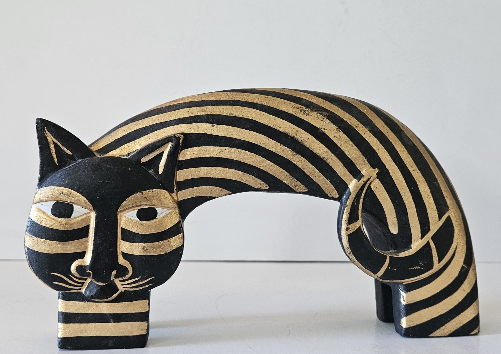 Carved Wood Cat Laurel Burch Style Hand Painted Cat Sculpture. Black & Gold. VTG
