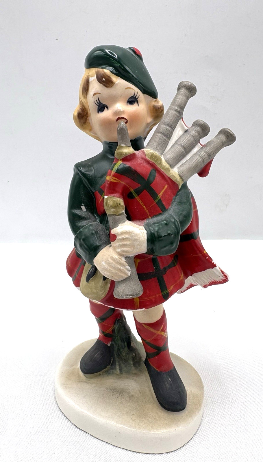 Lefton VTG Girl Ceramic Scottish Bagpiper Figurine Hand Painted Plaid Figurine