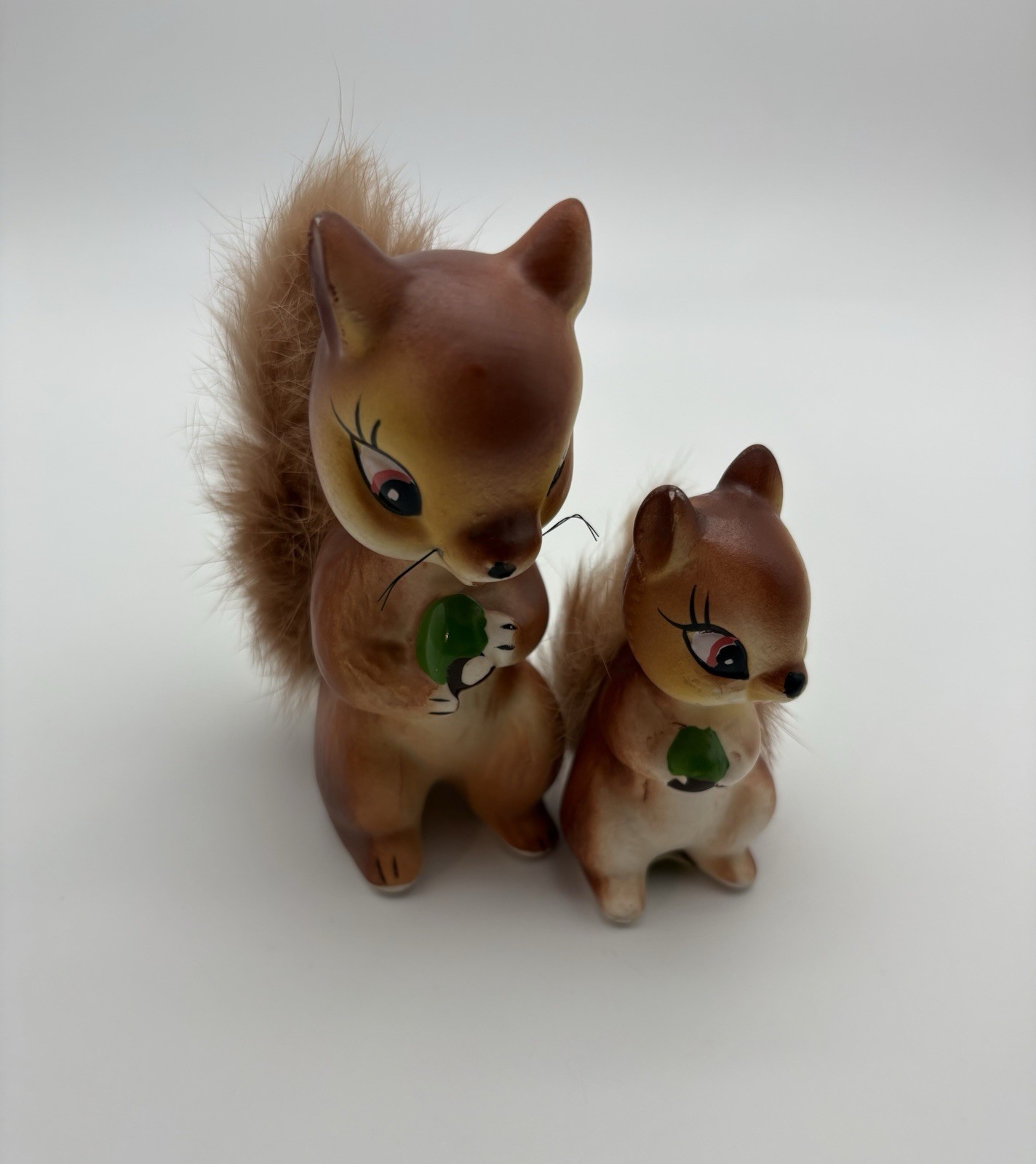 2 Vintage MCM Ceramic Squirrel Chipmunk Figurines Fur Tails 50s Baby Kitschy
