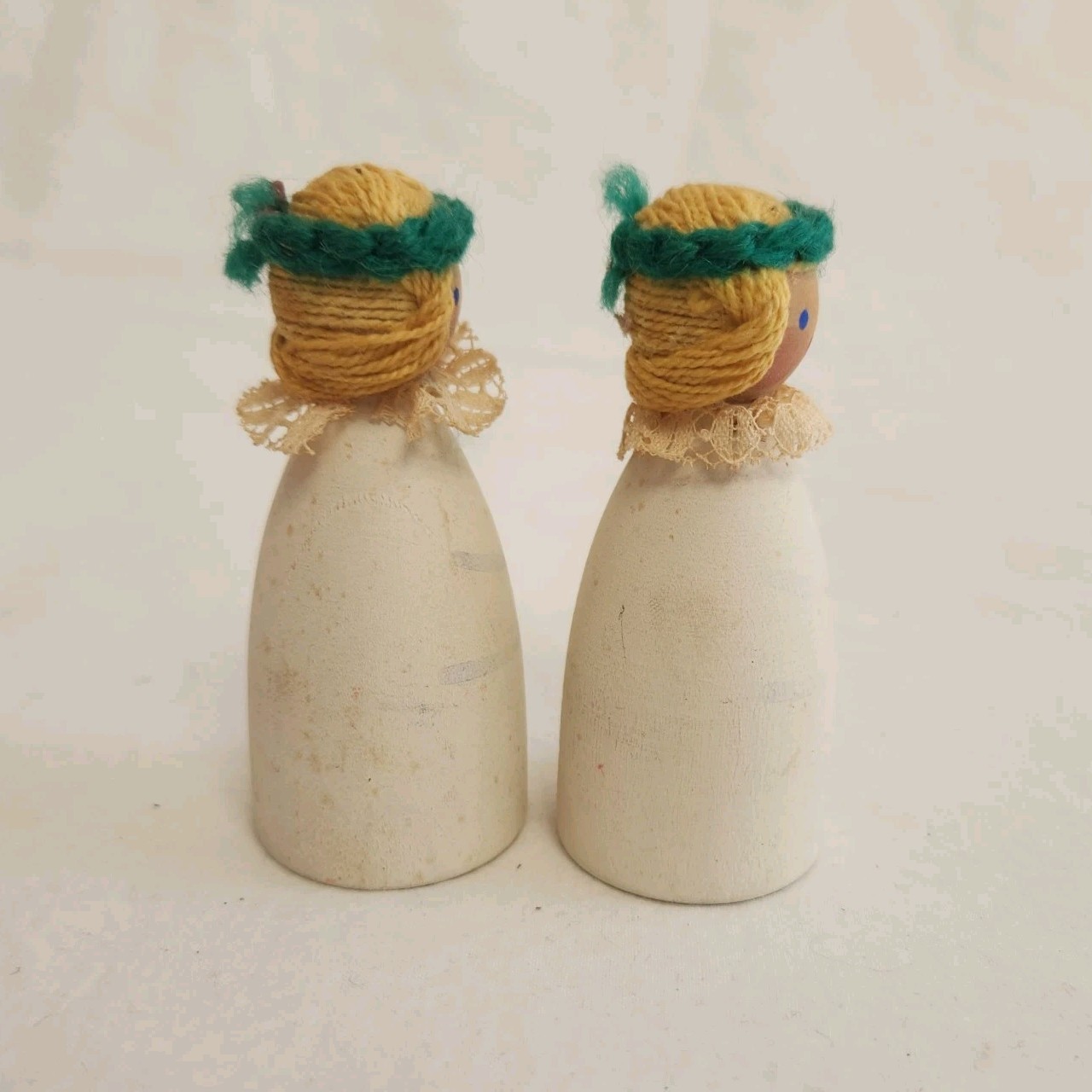 Vintage Christmas Wooden Peg Doll Folk Art Angel Figurine Sweden Set of 2 AS IS