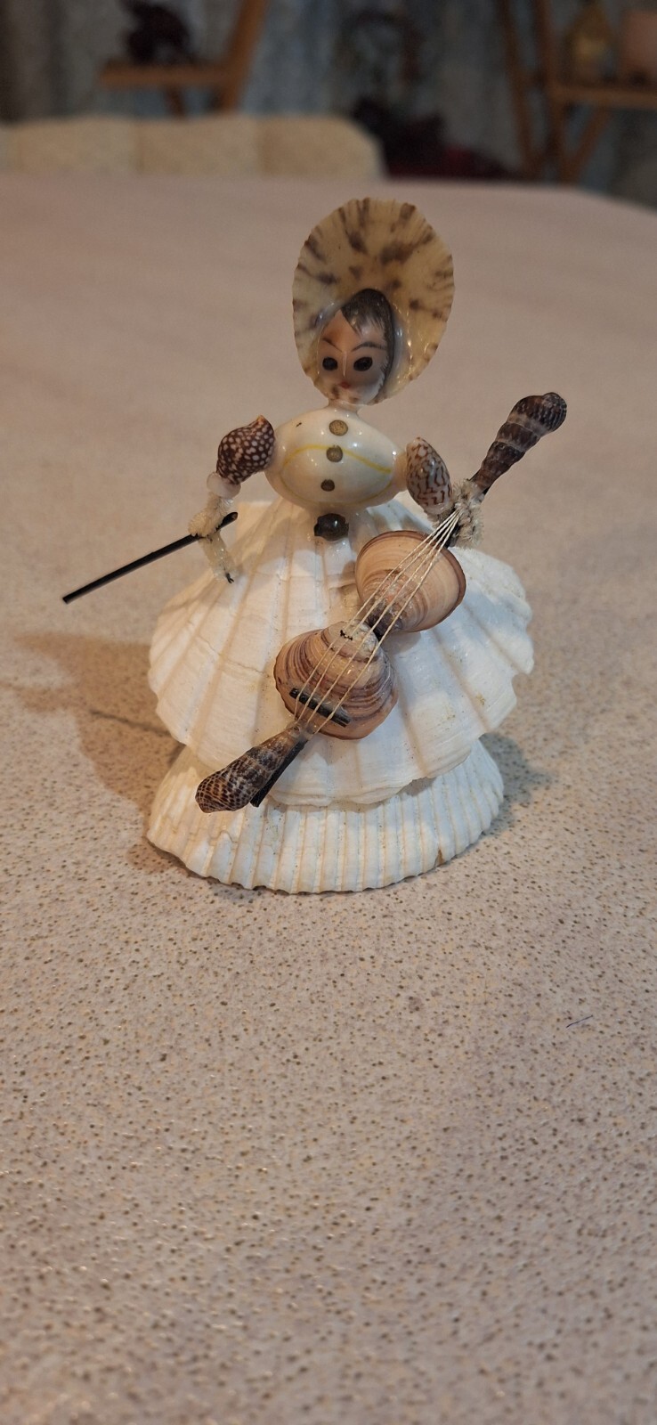 Antique Shell Art Figurine Lady With Violin Knick Knack Souvenir Vintage Doll