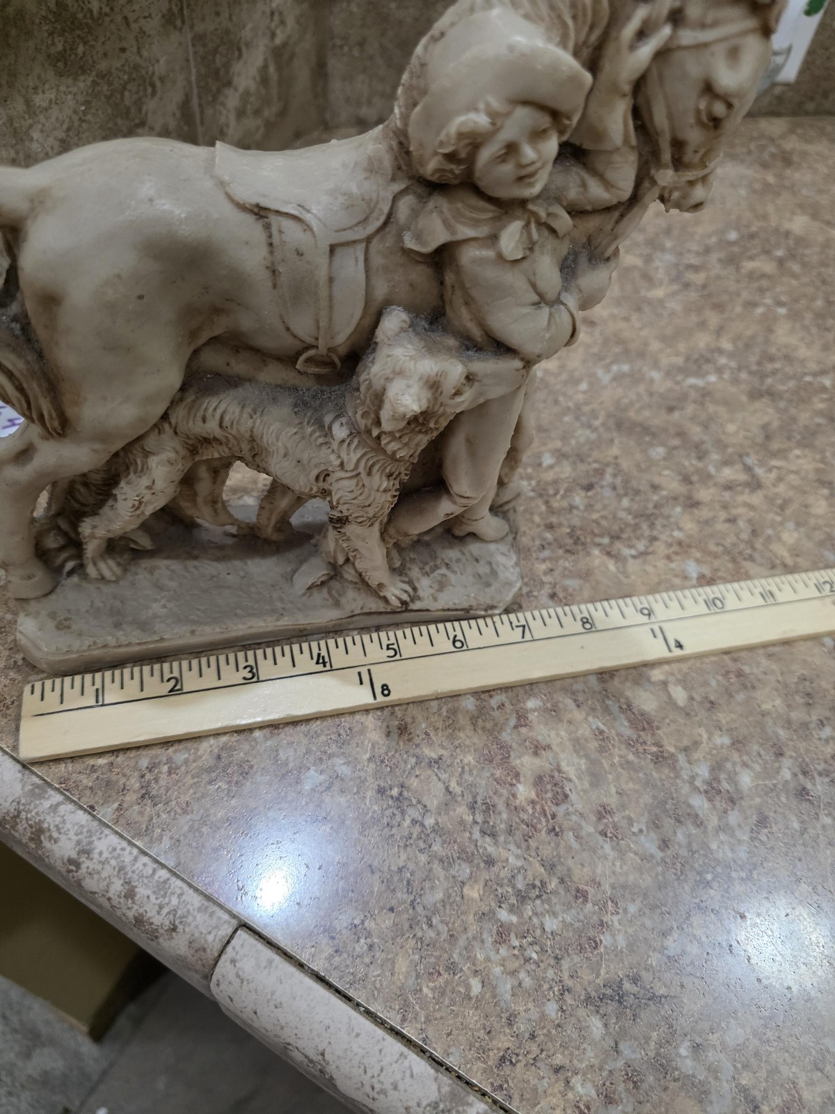 Unmarked Beige Stone Horse Dog Boy Medium Size Figurine Hecho En Mexico Western