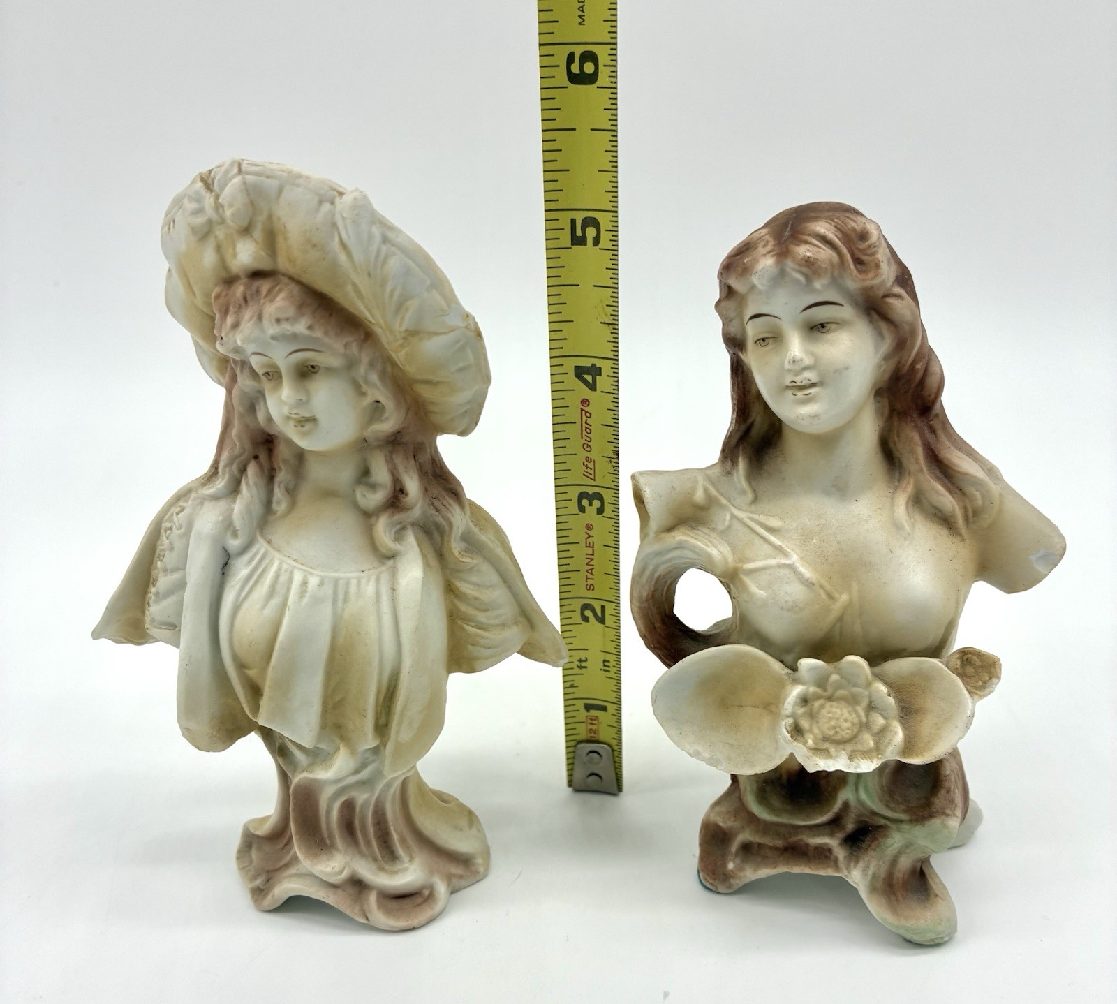 Antique 2 Small French Ceramic Busts Victorian Women Figurines Hand Painted READ