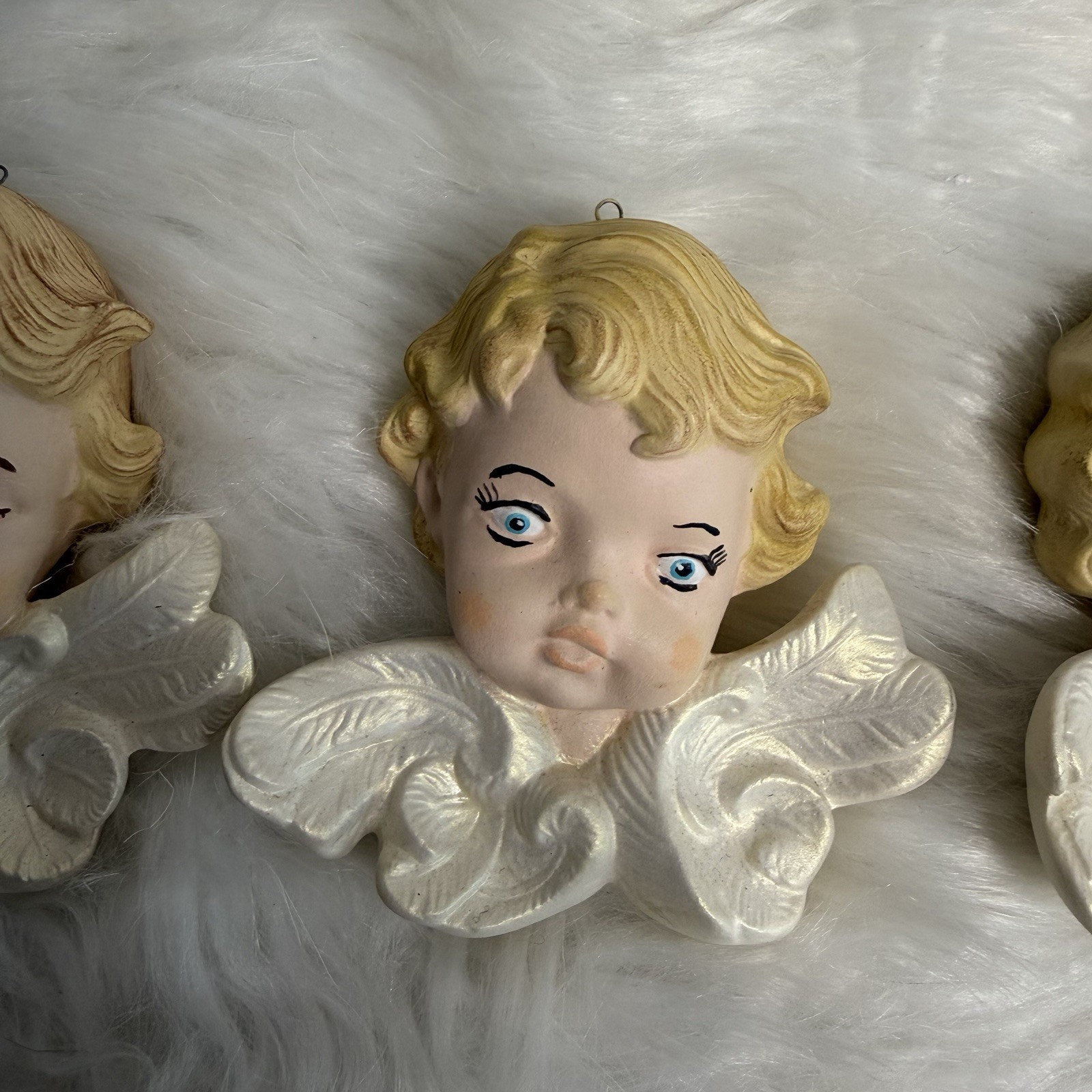 Vintage 1987 Scioto Ceramic Angel Cherub Ornament Wall Hangings Set Of 3