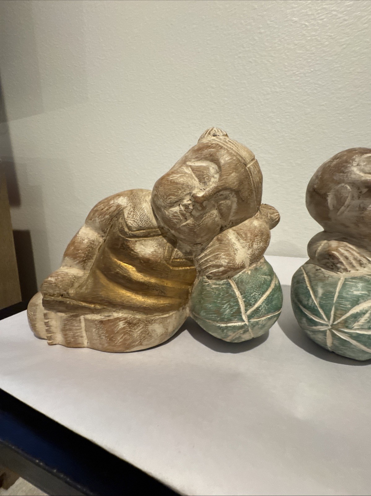 Hand Carved Asian set Boy & Girl Figurine Lying on Melon