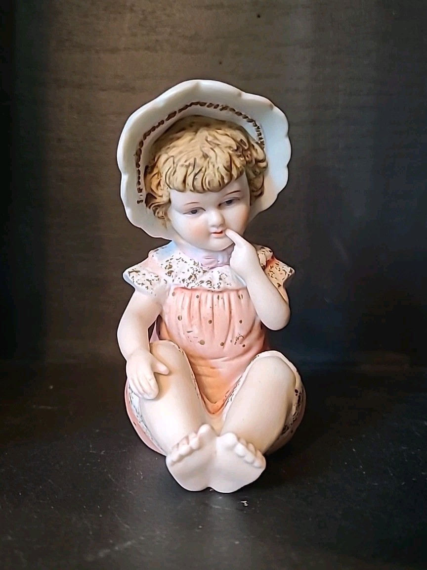 Vintage Victorian Style Bisque Piano Baby in Bonnet Porcelain Figurine 4.25″