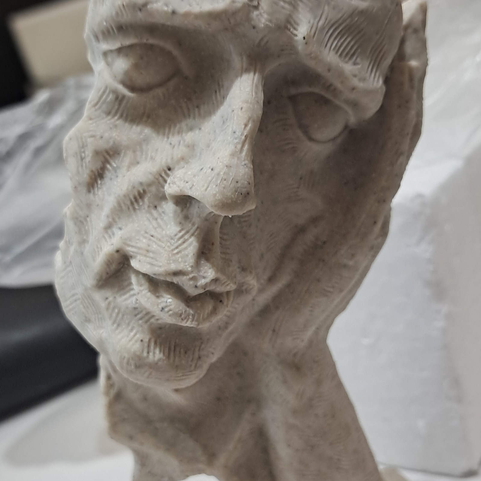 Abstract Stone Face Sculpture on Square Base Textured Matte Gray/Beige