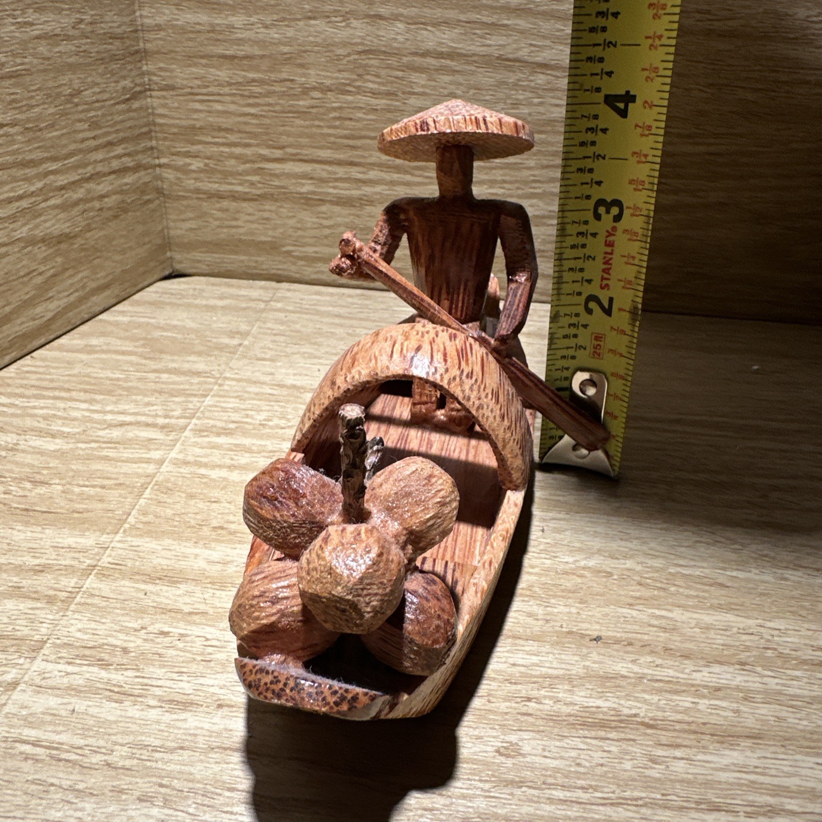 Carved Man Rowing In Wood Boat With Oar – Coconuts On Front Souvenir. Figural