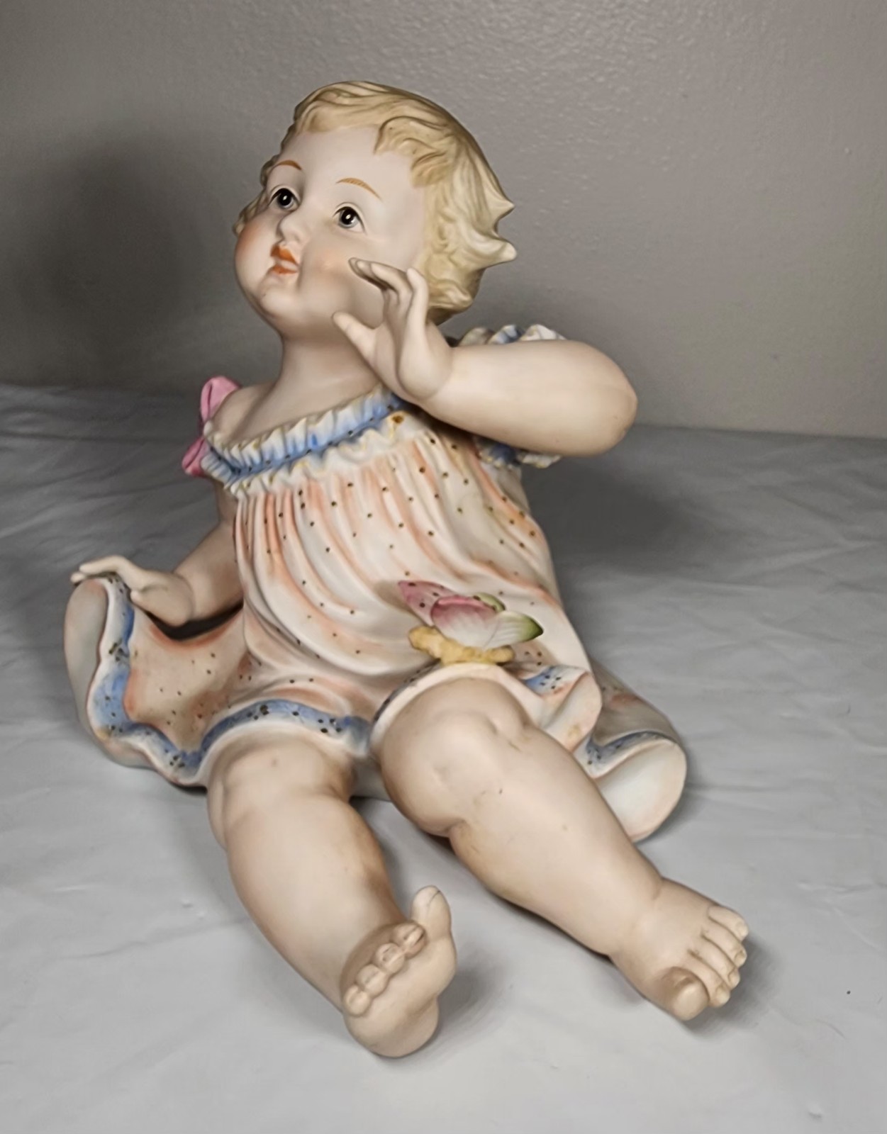 Mid-Century Andrea by Sadek Bisque Porcelain Piano Baby Figurine Girl Butterfly