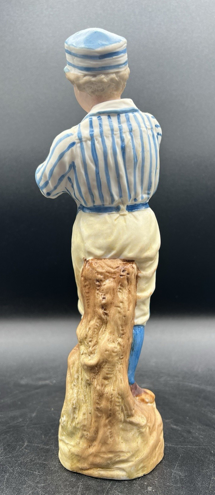 Gebruder Heubach-German Bisque-Baseball/Cricket Pitcher-Blue Striped Shirt 10″