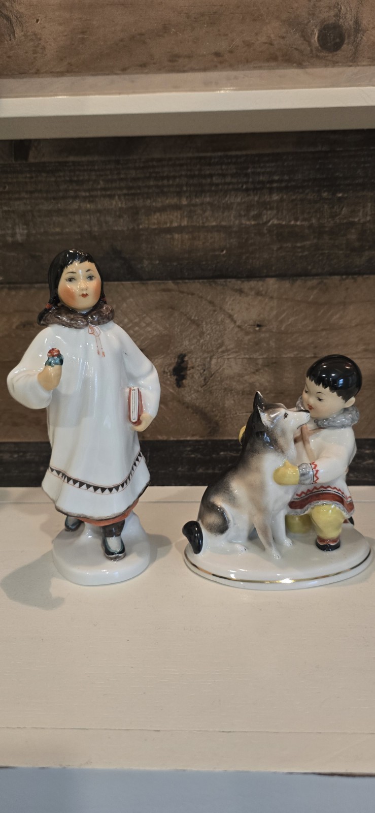 VTG Lomonosov LFZ Porcelain Figures Yakut Boy Husky Dog & Girl USSR 1st Quality