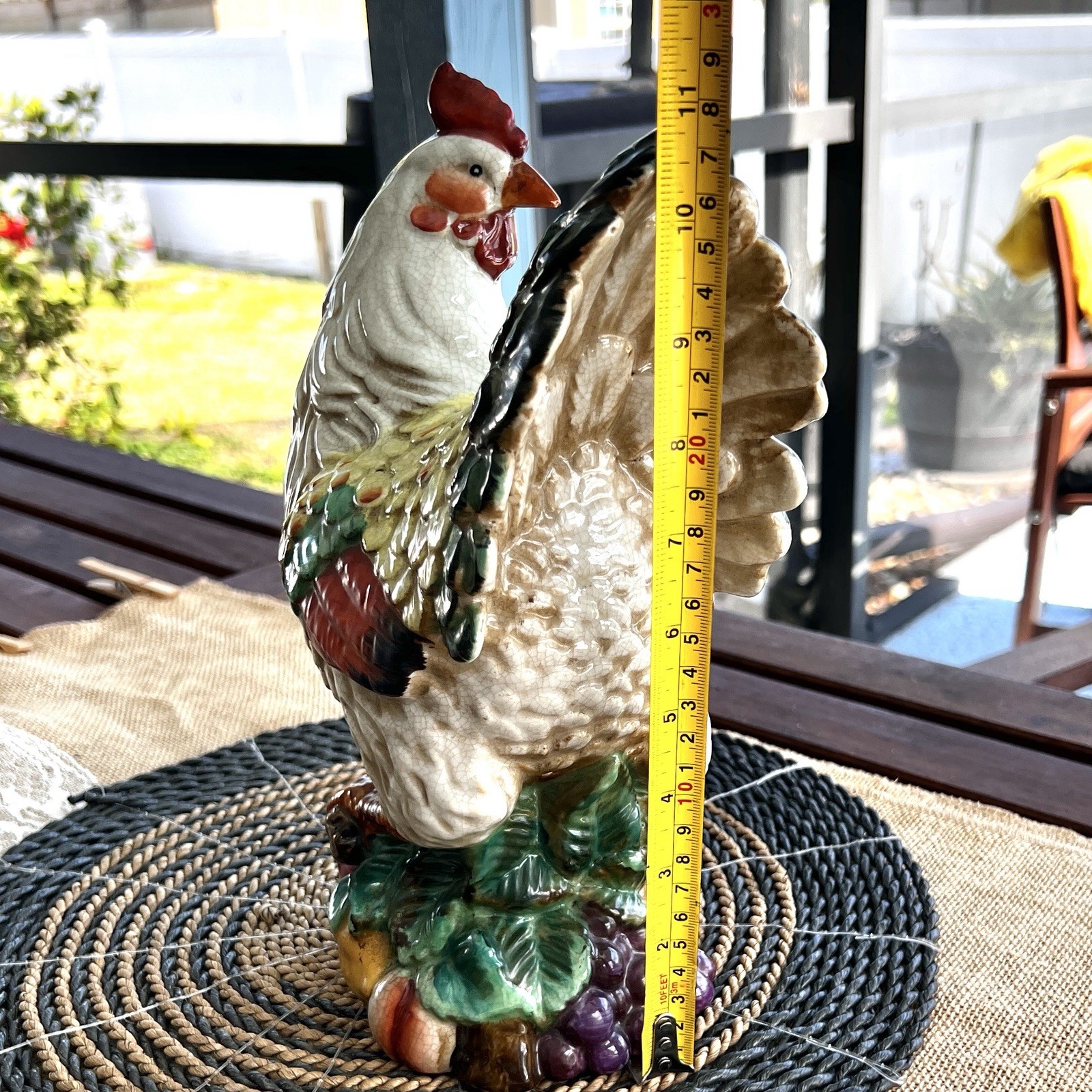 Ceramic Hen Figurine Green Feathers W/ Grapes Fruit 11′ 1950’s Chicken
