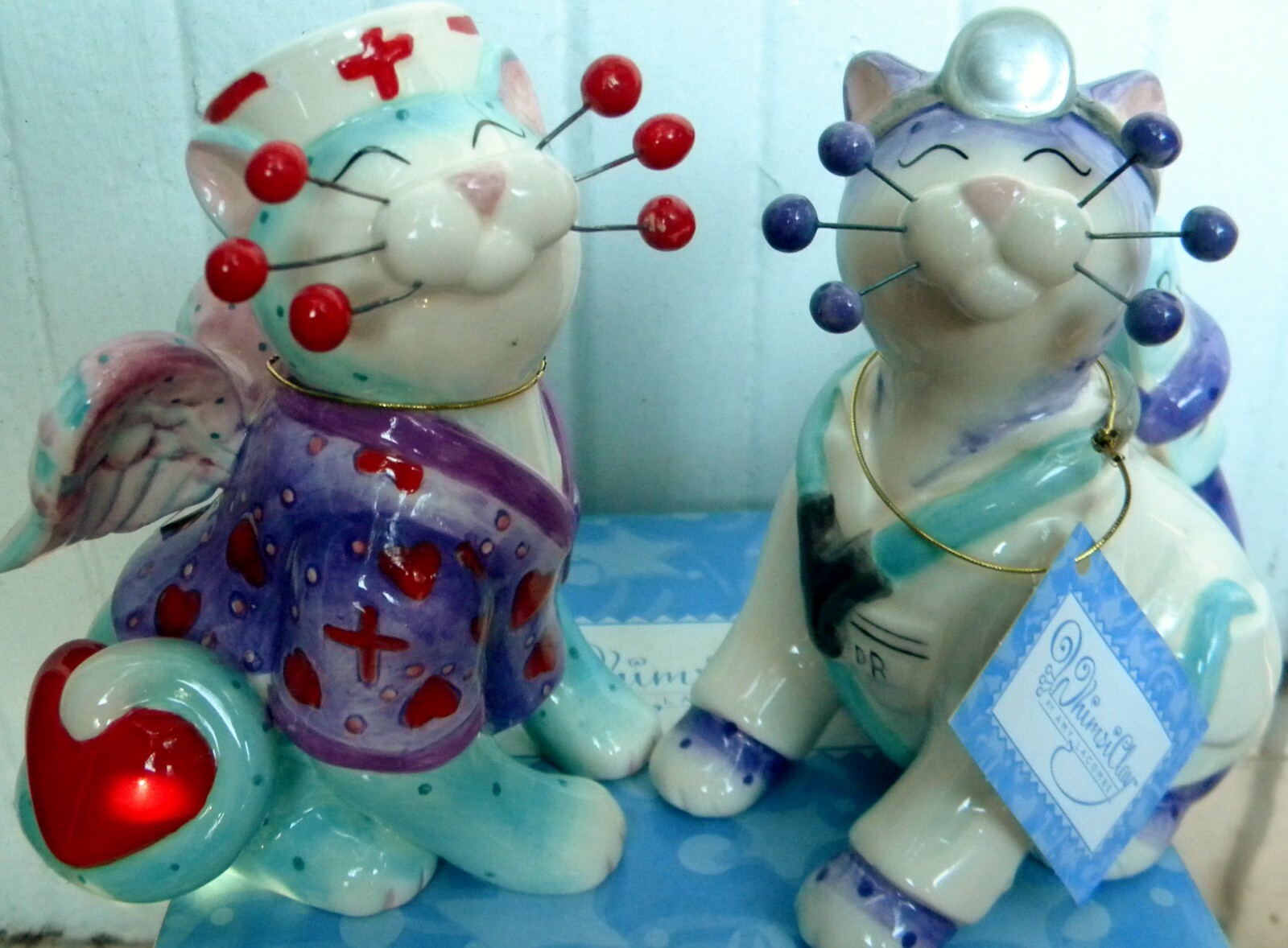WhimsiClay Nurse cat “Melissa”+ Dr. Catwell pair + free pin $12 value. Purrfect