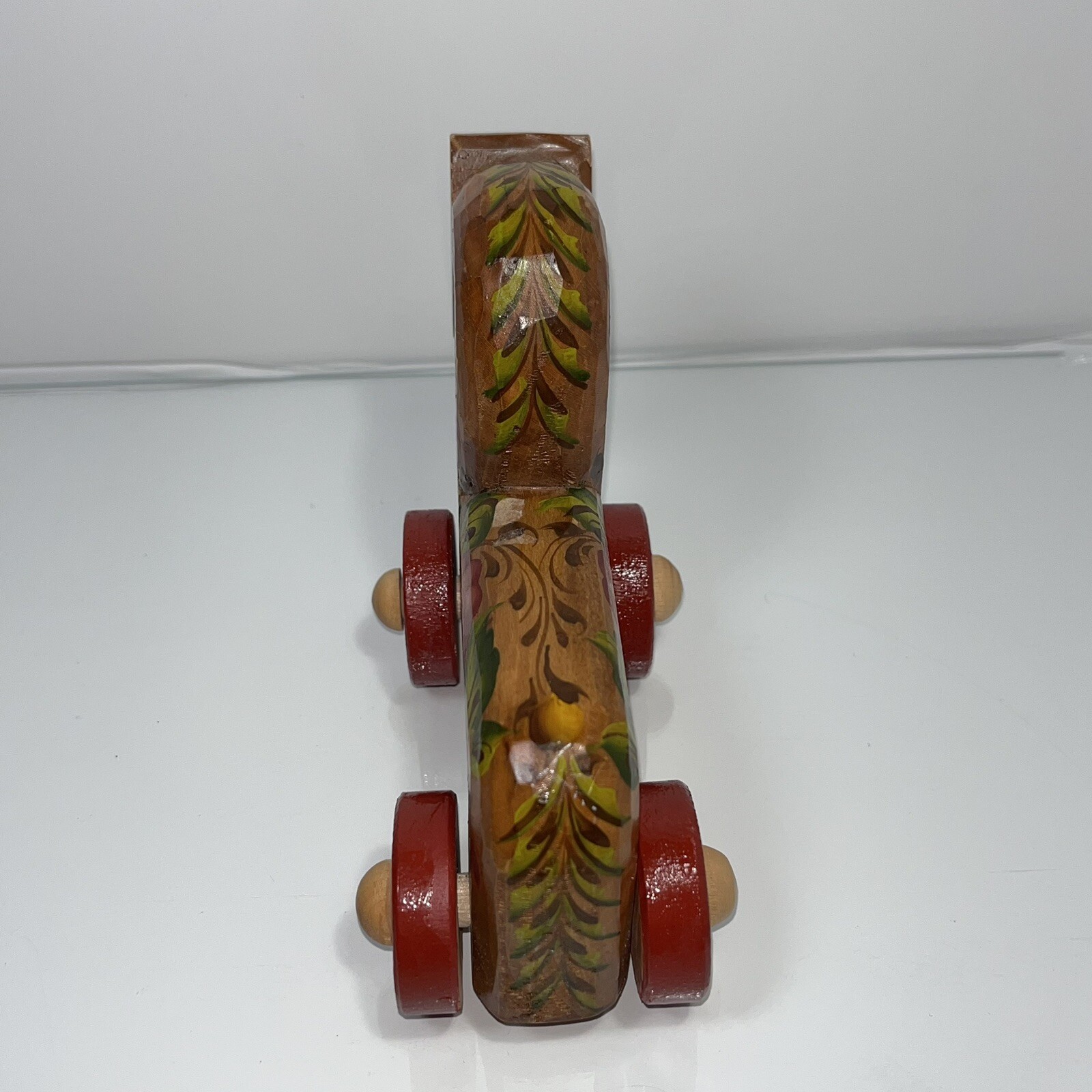 Carved Wood Horse Figurine Handmade Painted Floral Art Wheels Toy Figure Russia
