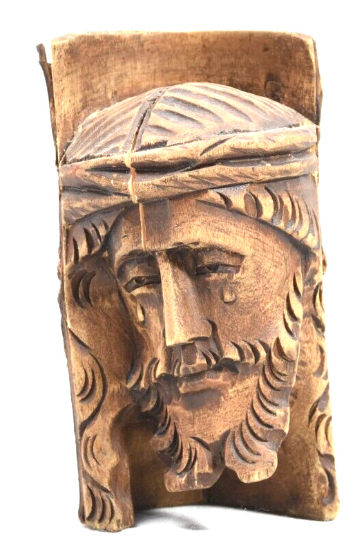 Hand Carved Latin American Christ Crown of Thorns Wooden Statue. 3.0″ x 6.0″