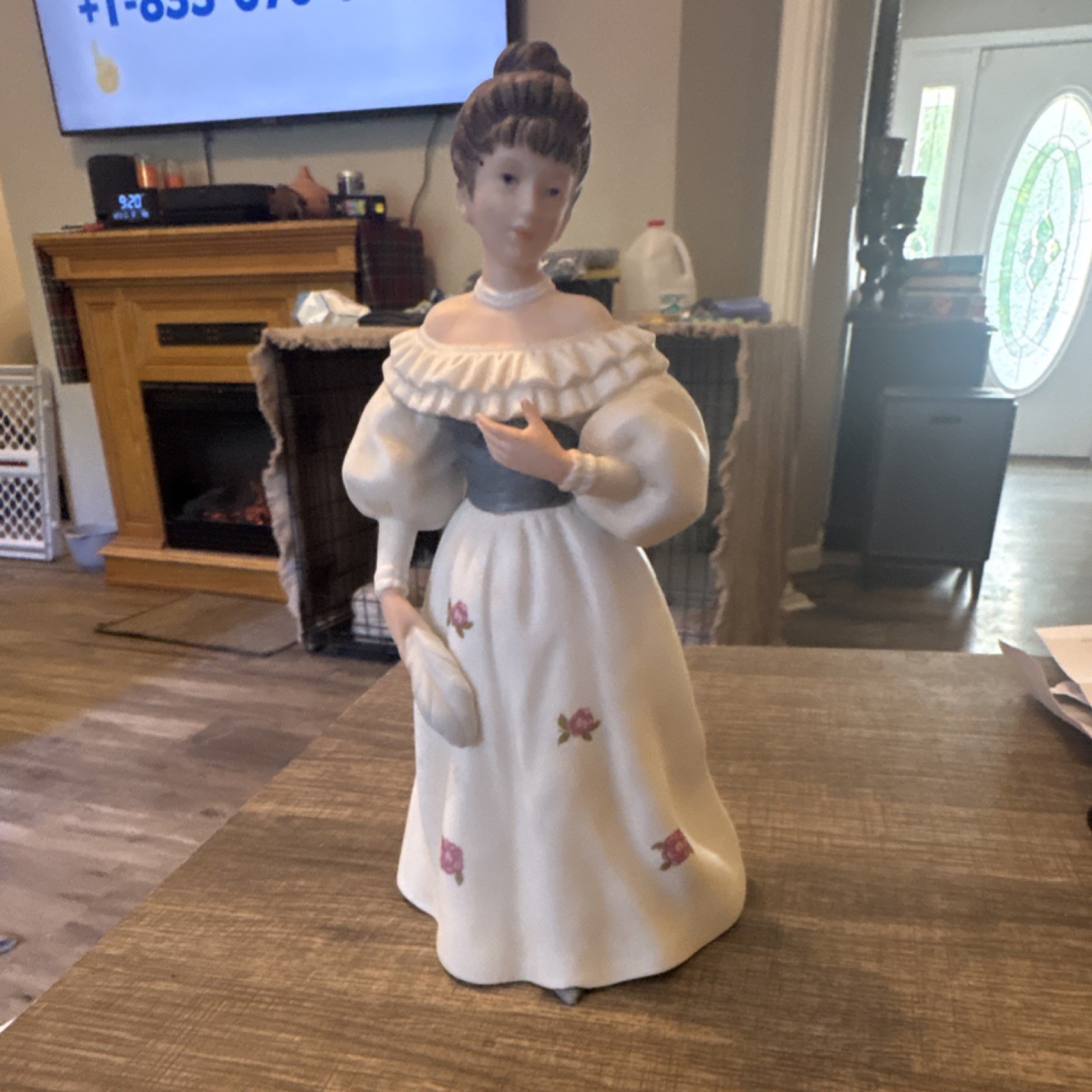 Porcelain Figurine Woman with Flowers Blue White Pink Hand Painted Matte