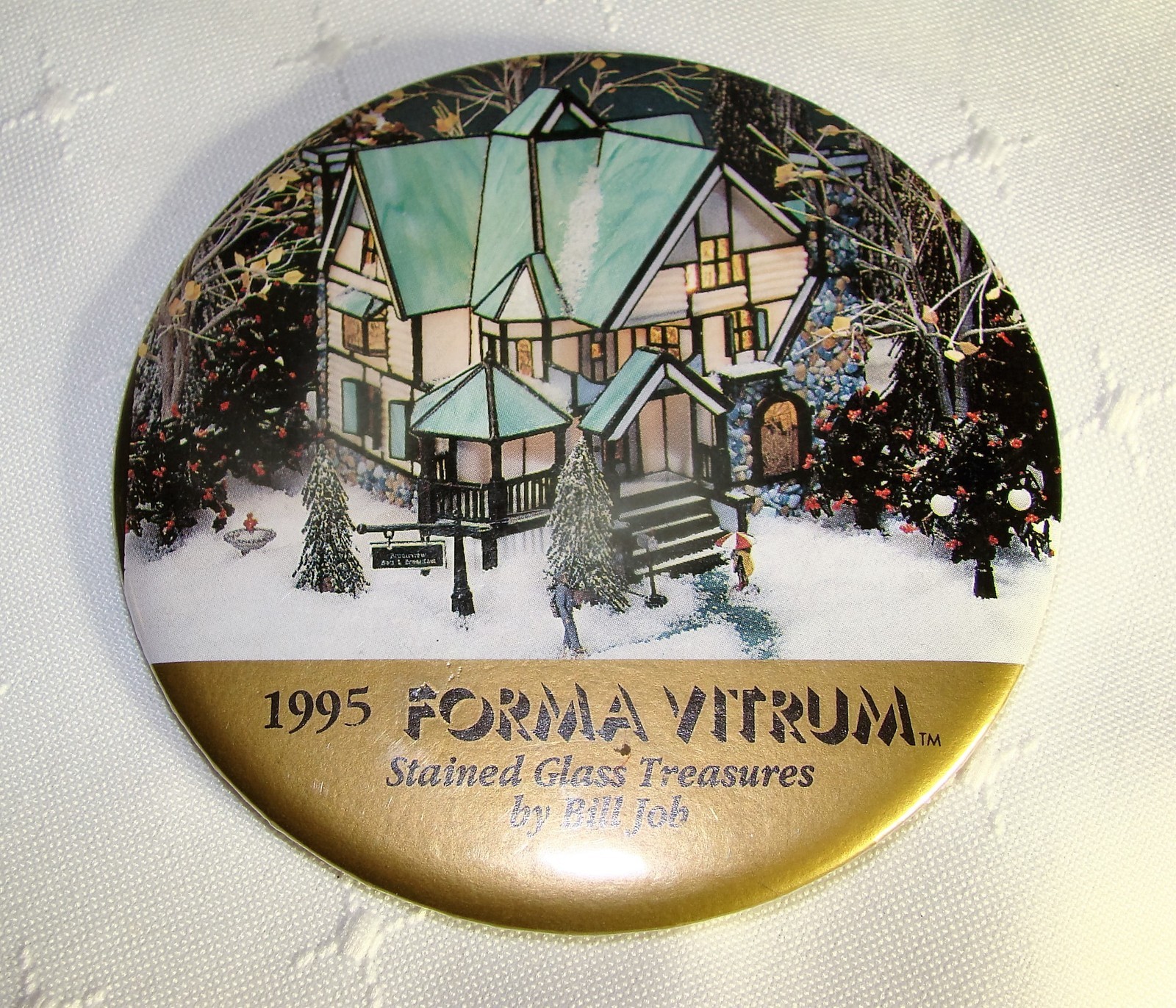 1995 FORMA VITRUM Stained Glass Treasures BILL JOB 3″ Event Pin Back Button