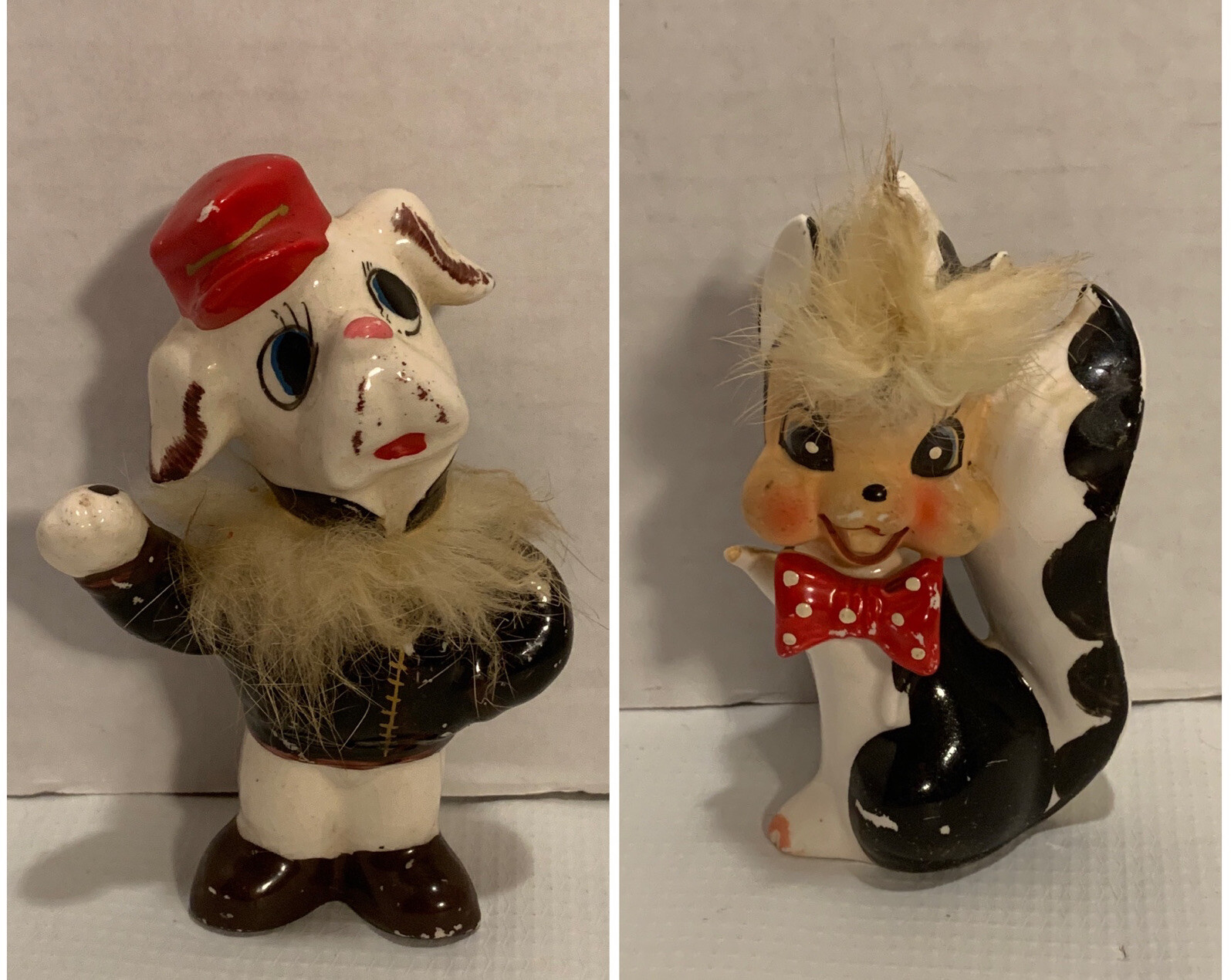 Vintage Skunk and Dog Ceramic Figurines 4″ Fur Trim Japan See Details