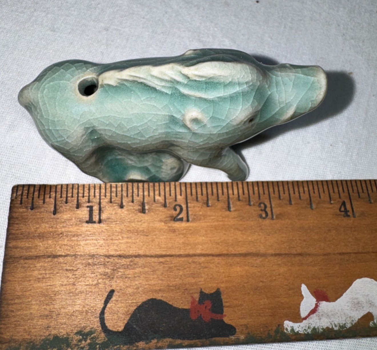 Green Celadon Ceramic Boar Figurine Handcrafted Vintage Signed Collectible