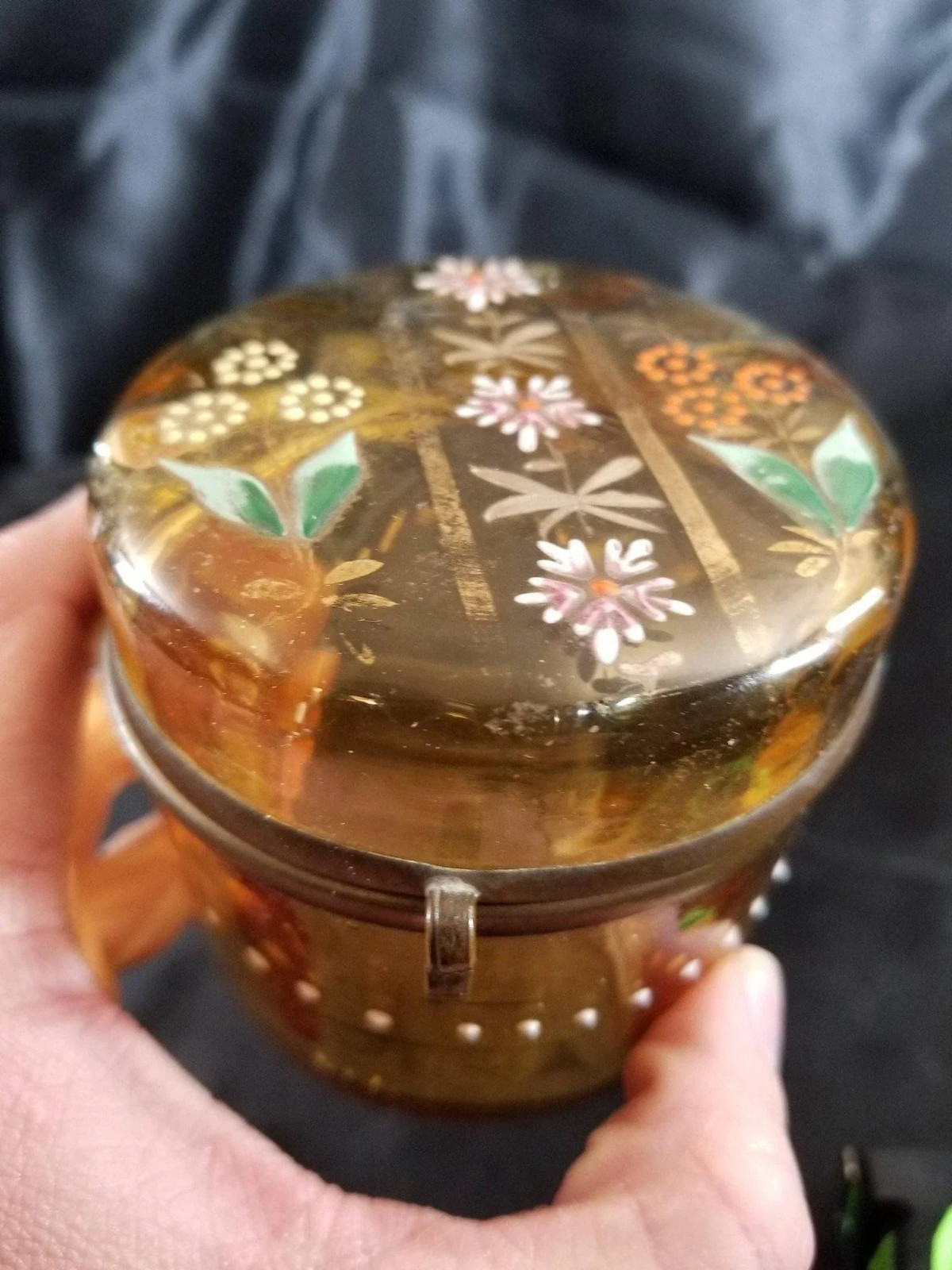 Amber enameled glass cylindrical Hinged Dresser Box c.1890