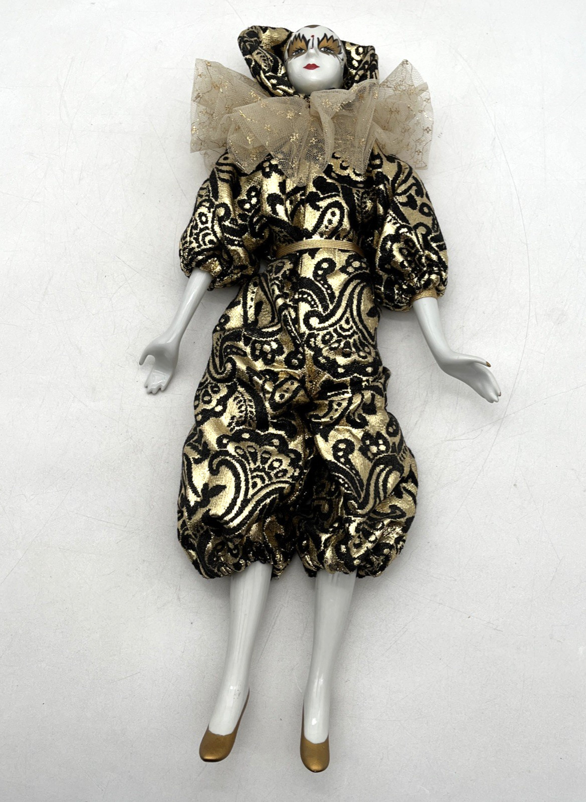 Porcelain Harlequin Doll 18” Venetian Style Gold Black Costume Decorative Doll