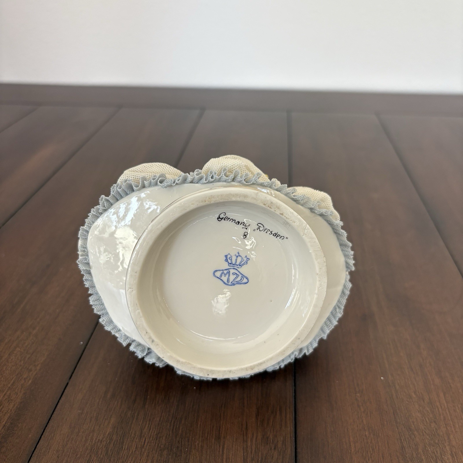 VTG MZ Germany Dresden Lace Lady Figurine | Elegant White Blue Dress Fan 7″