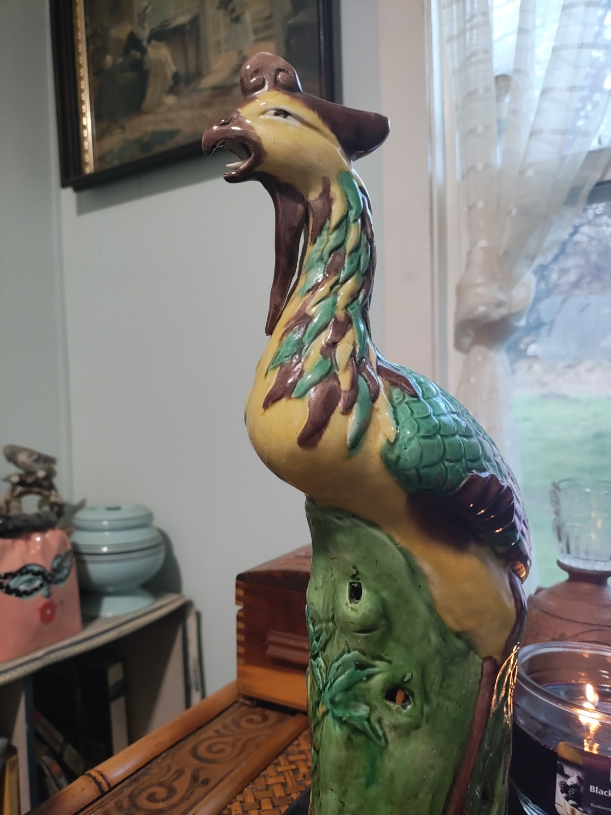 2 Porcelain Phoenix Ho Ho Birds Vibrant open Beak 14″ China MCM used Very Good