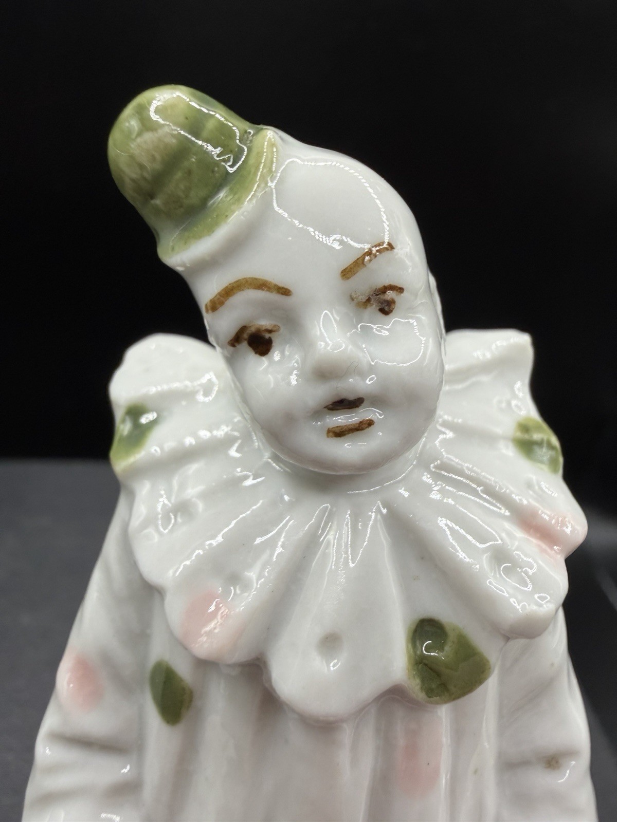 Vintage Clown Figurine 4 Inch Porcelain Ceramic White w/ Green Polka Dots