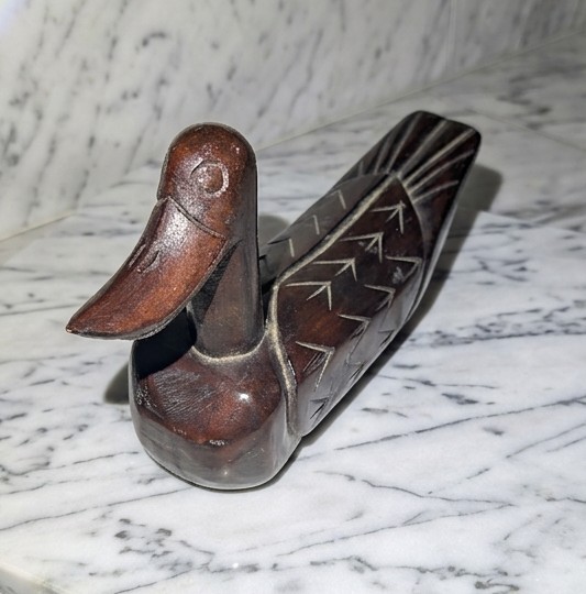 Vintage MCM Carved Wood Duck Sculpture Geometric Minimalist Folk Art Boho