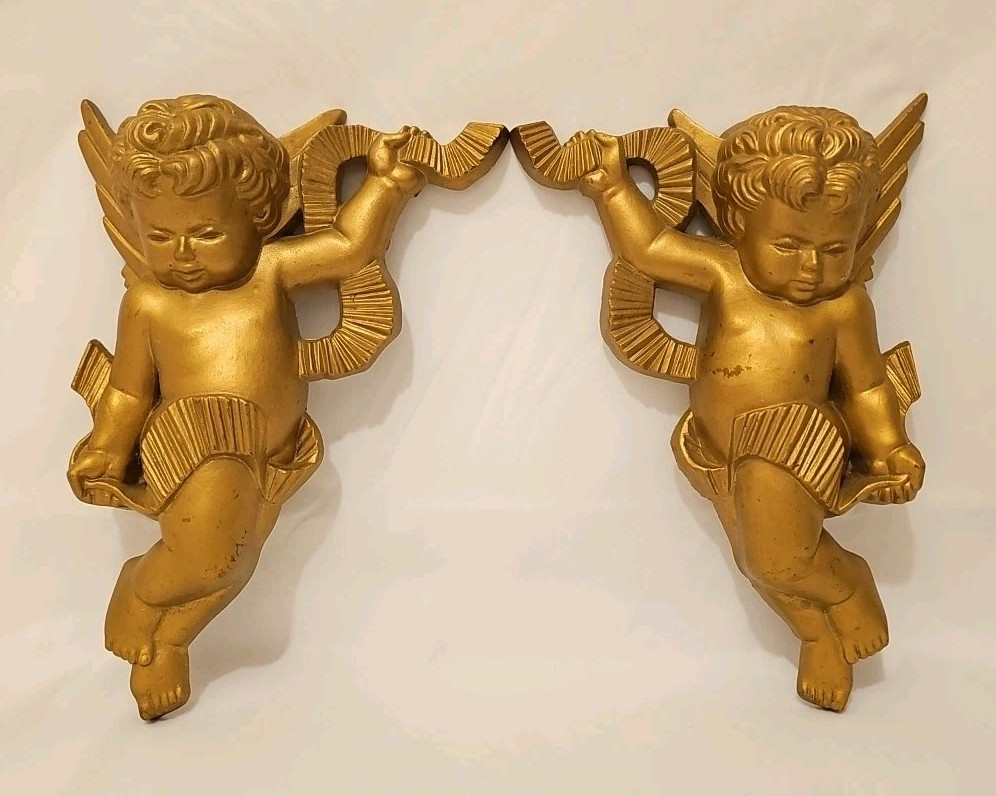 Vintage Cherub Angel Gold Wall Hanging Decor 9.5 Burwood Product 1970