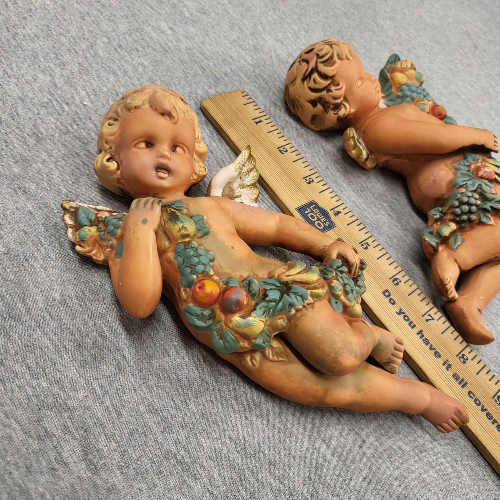 Vintage Ceramic Cherub Putti Wall Plaque Pair Harvest Fruit Angel Set of 2