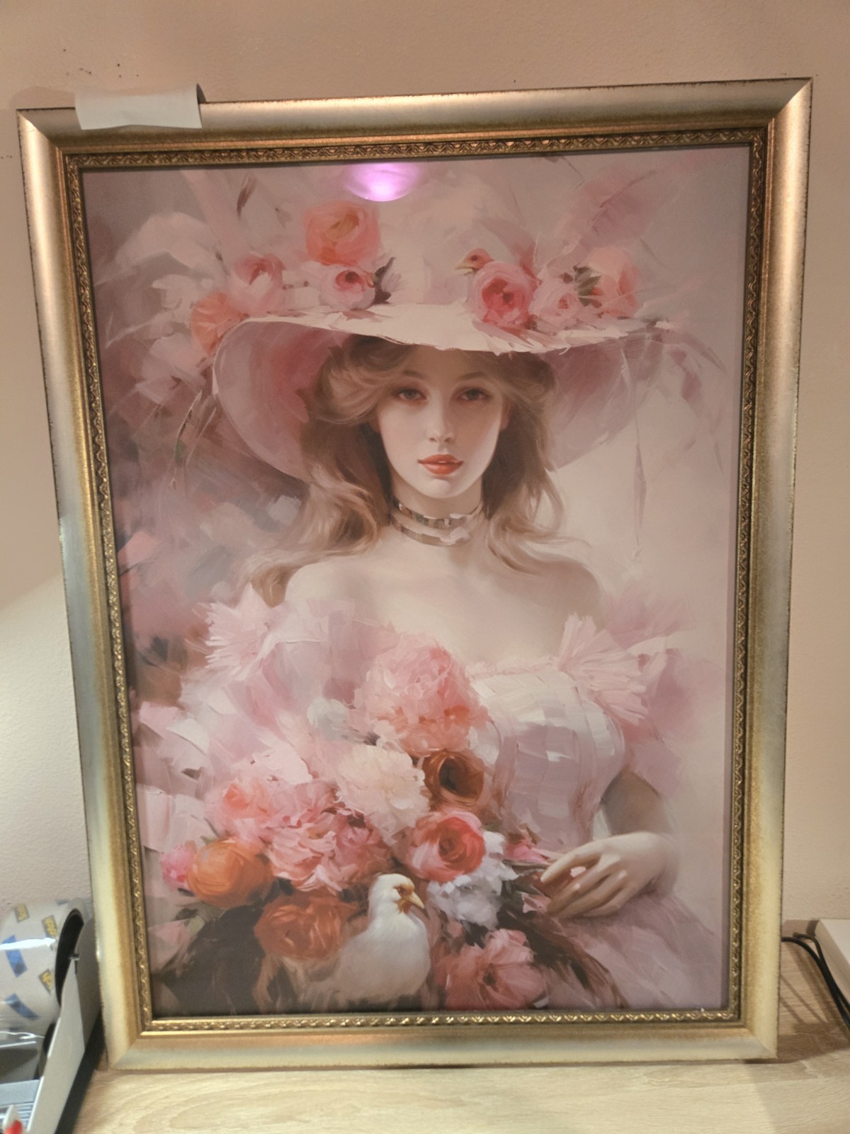 Framed Victorian Lady In Pink And Blonde Hair Painting 23×31