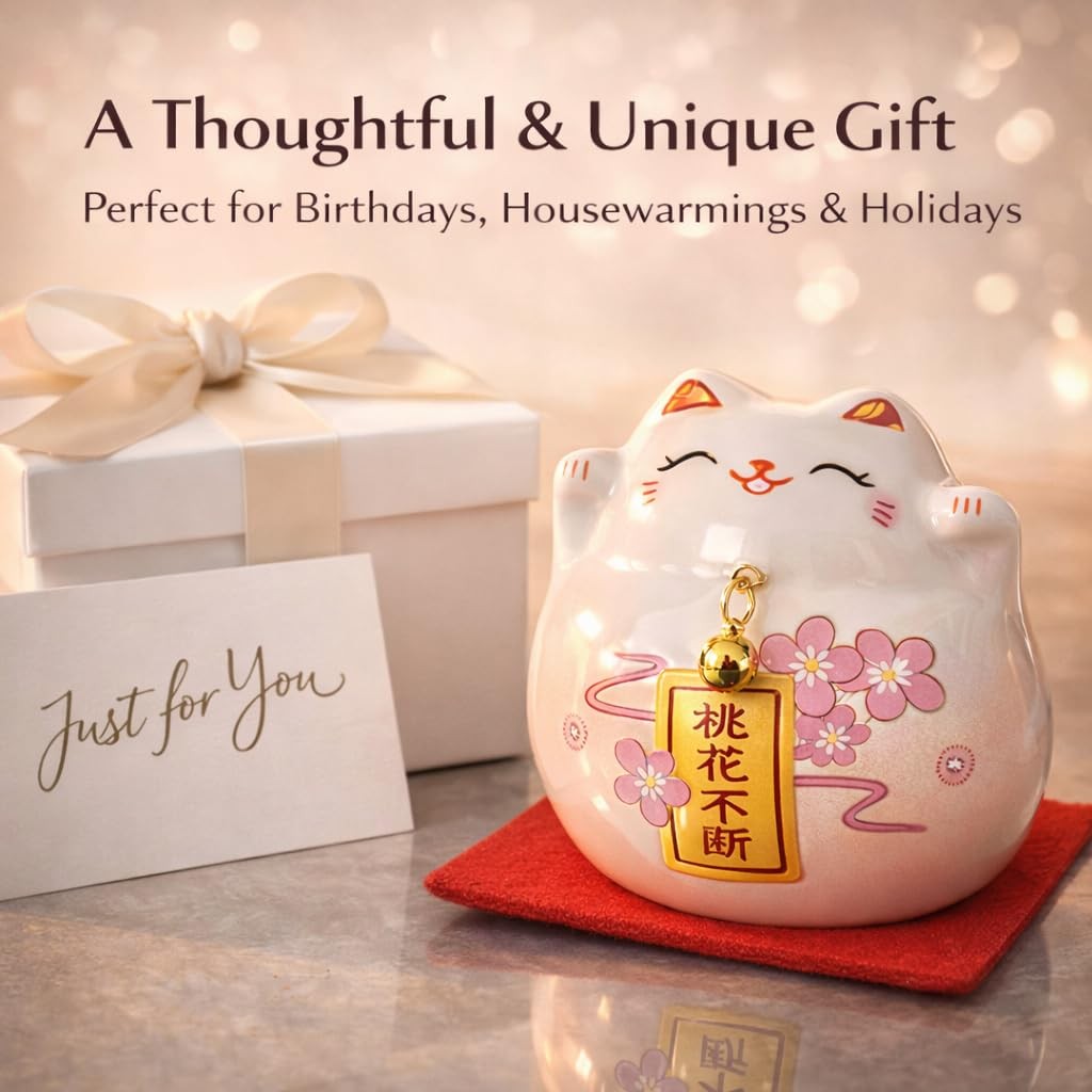 kcrygogo Pink Maneki Neko Lucky Cat – Japanese Ceramic Fortune Cat Figurine f…
