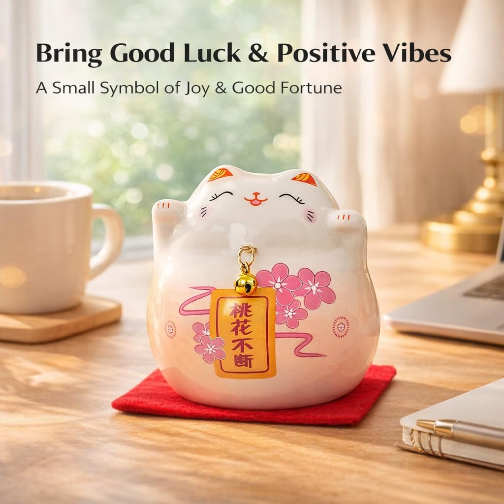 kcrygogo Pink Maneki Neko Lucky Cat – Japanese Ceramic Fortune Cat Figurine f…