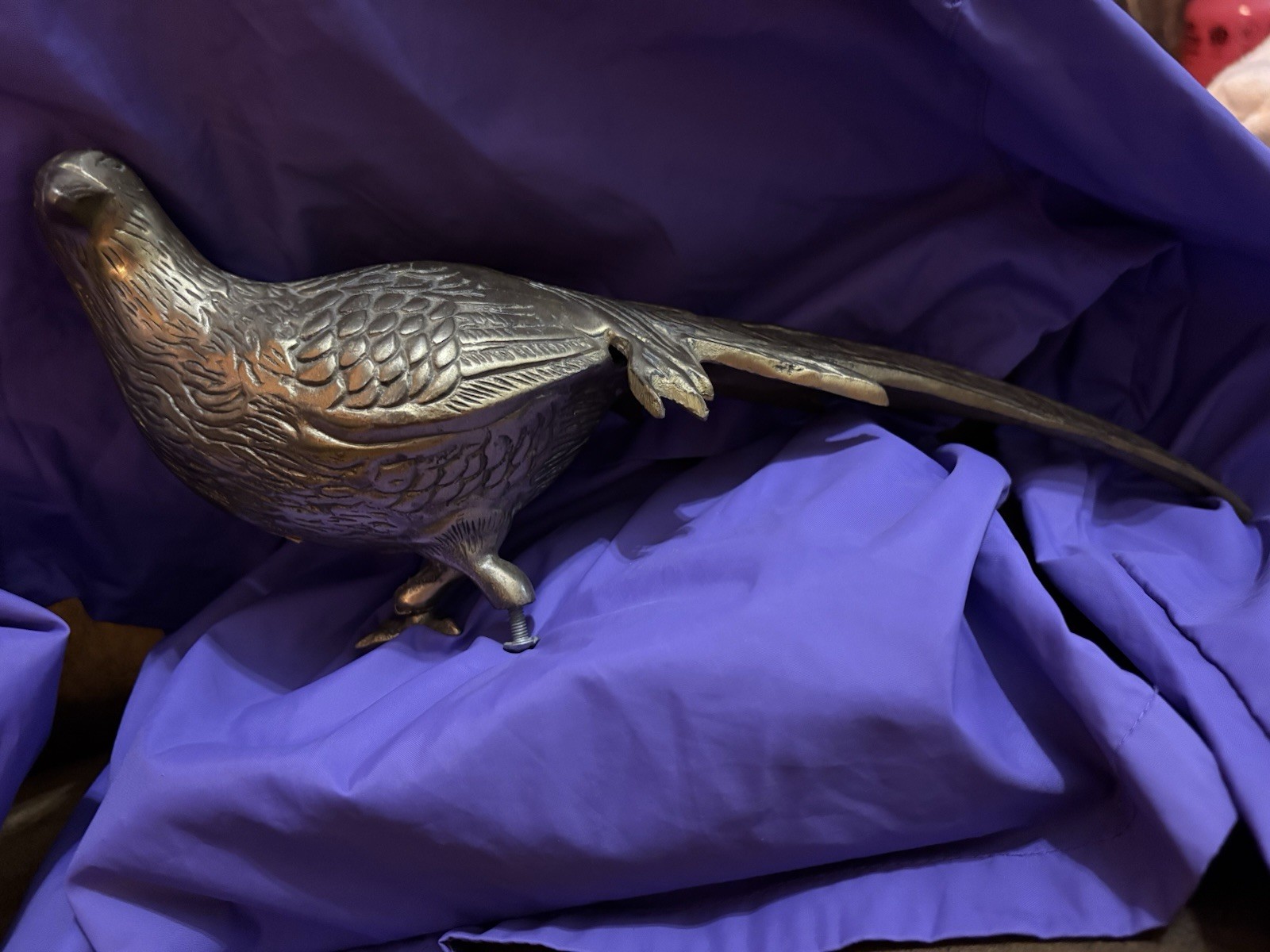Vintage Brass Metal Bird Figurine Long Tail Pheasant Textured Antique Sculpture