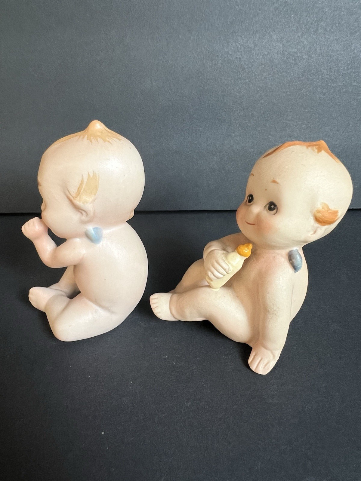Lefton Kewpies Set of 2 Bisque Piano Baby with Blue Wings Different Poses
