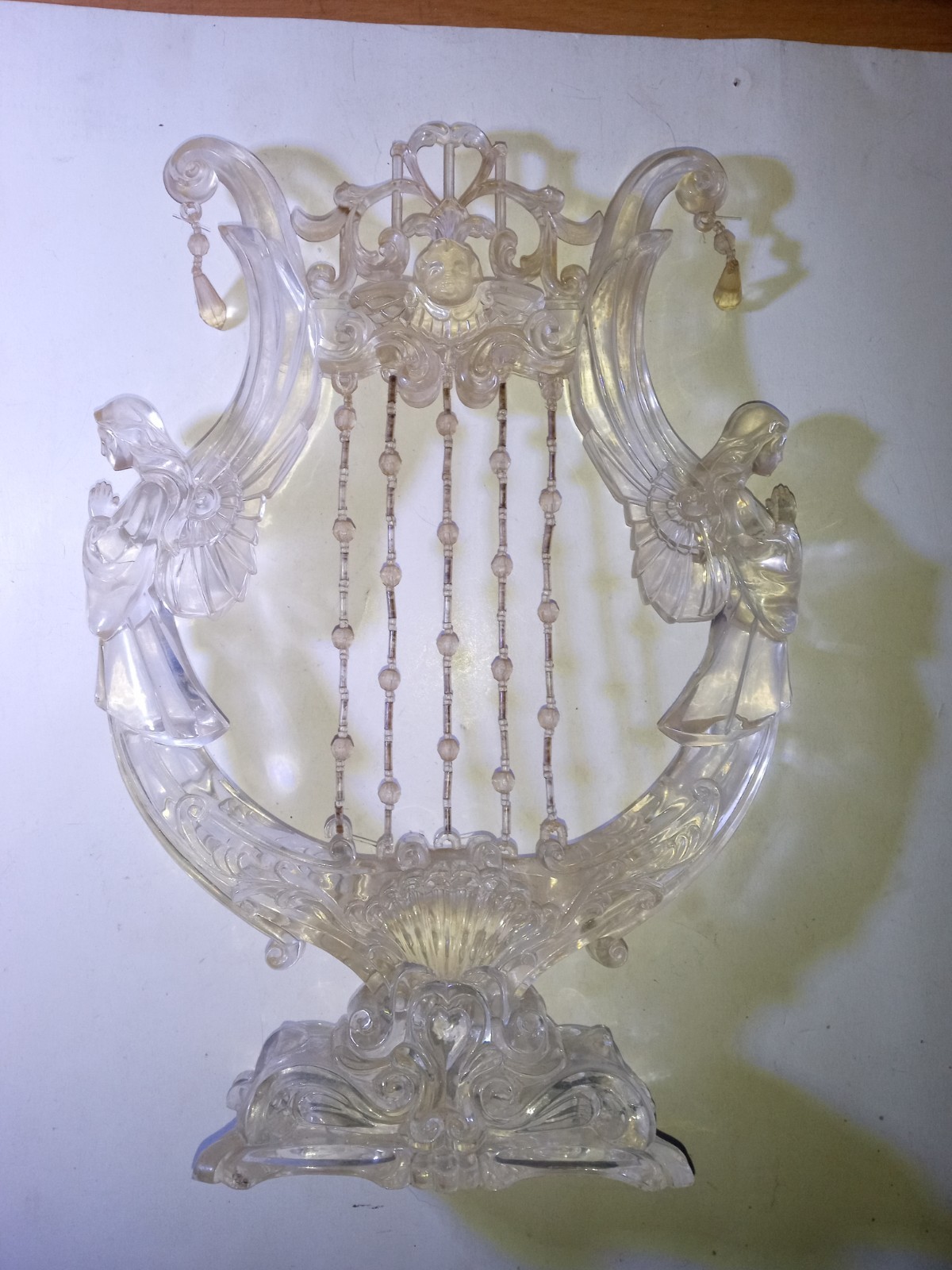 Clear Plastic Angel Lyre Figurine Carvings Glossy Baroque Scrollwork Sculpture