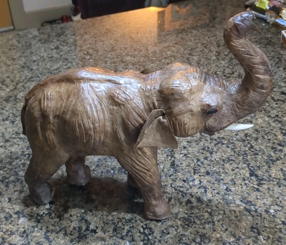Vintage Leather Wrapped Elephant Figure Statue Leather 12in