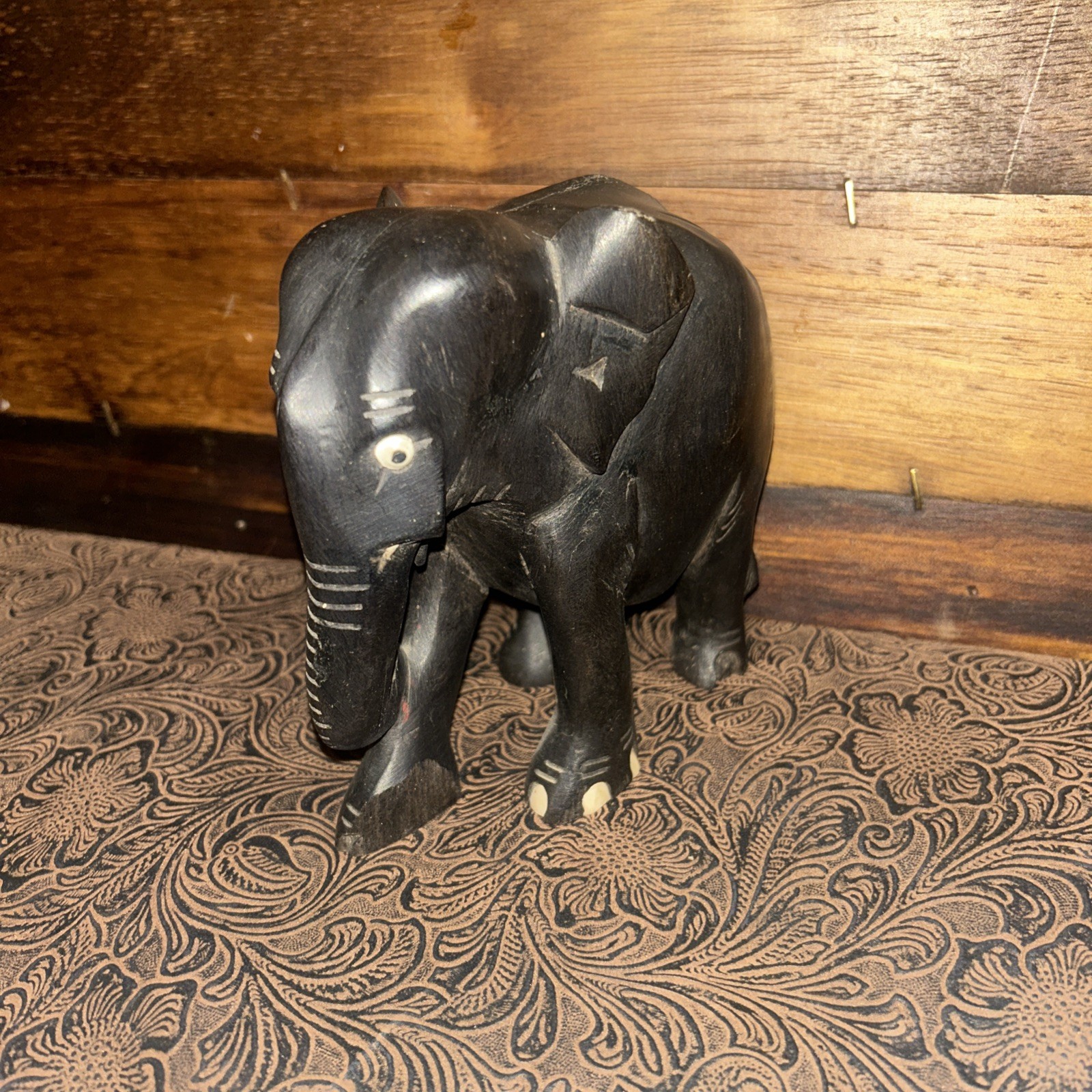 Carved Elephant Statue Black Ebony Wood Hand Carving Sculpture Elephants -VTG