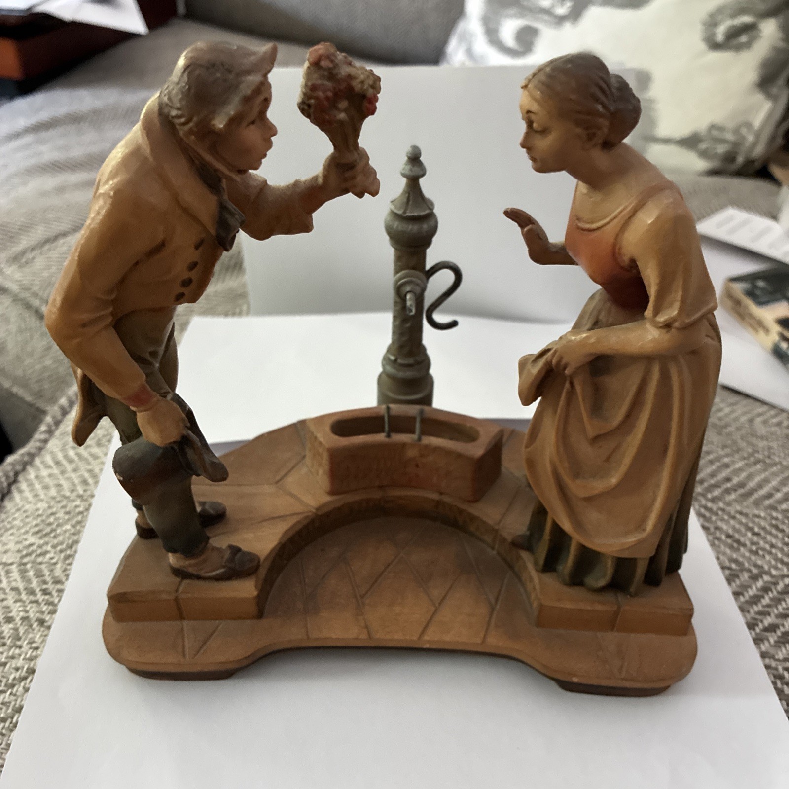 ANRI Man Flowers Woman Eternal Bridegroom Carl Spitzweg Vtg Wood Carving