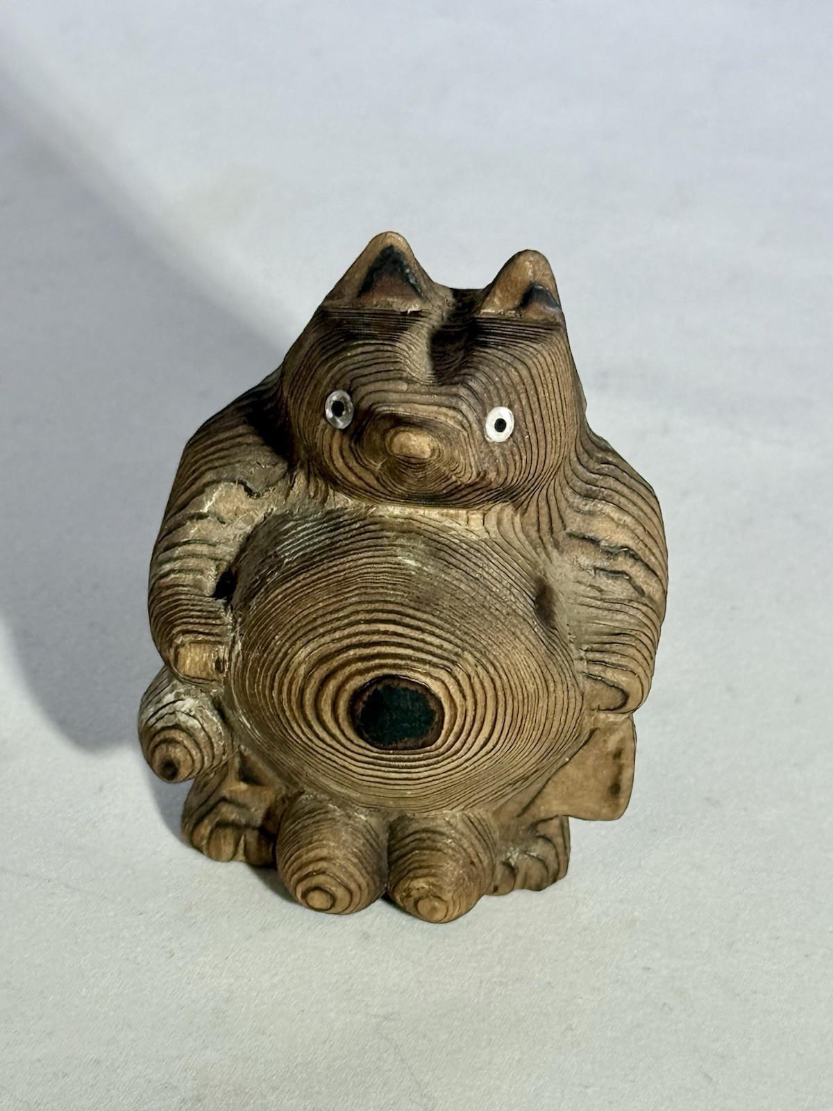 Vintage Japanese Tanuki Hand Carved Wooden Figurine Burnt Wood Folk Art