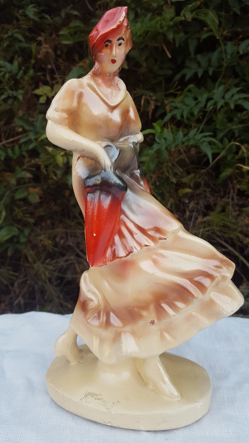 Vtg 1940s Art Deco Lady Walking with Umbrella 9″ Chalkware Plaster Figure