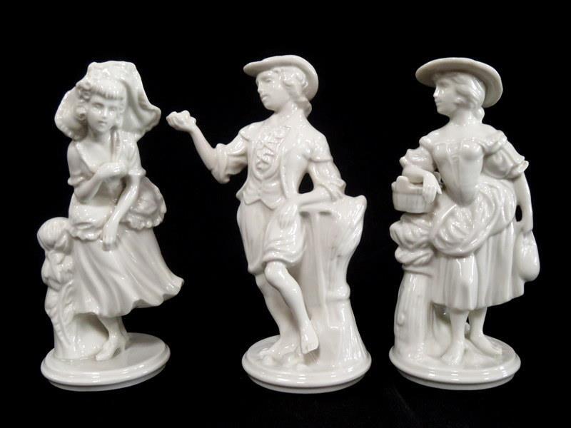 Lot of 3 Vintage Unpainted Porcelain Figurines – 2 Women & 1 Man – Crown N Mark
